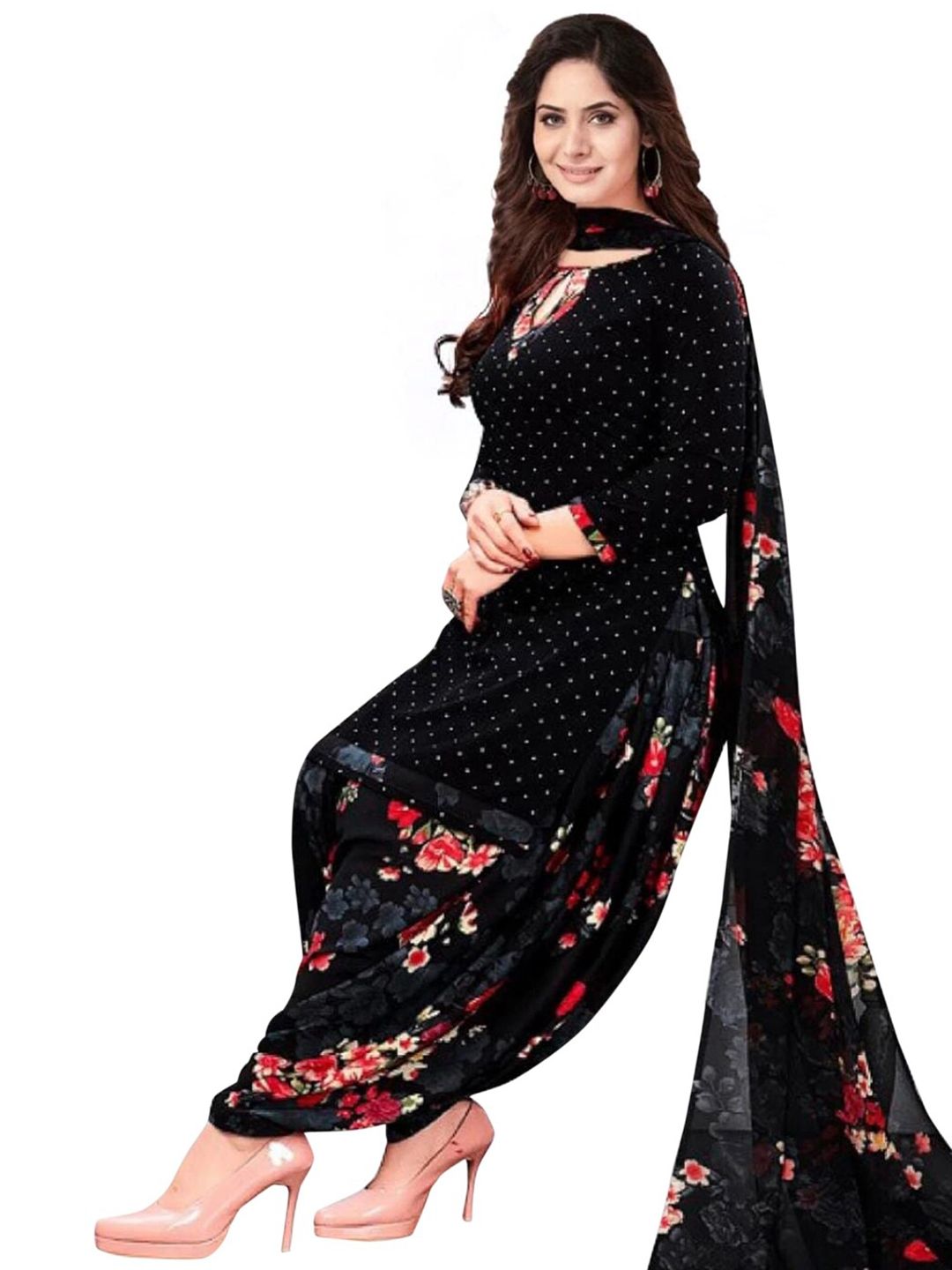 INDIAN HERITAGE Black & Red Printed Silk Crepe Unstitched Dress Material Price in India