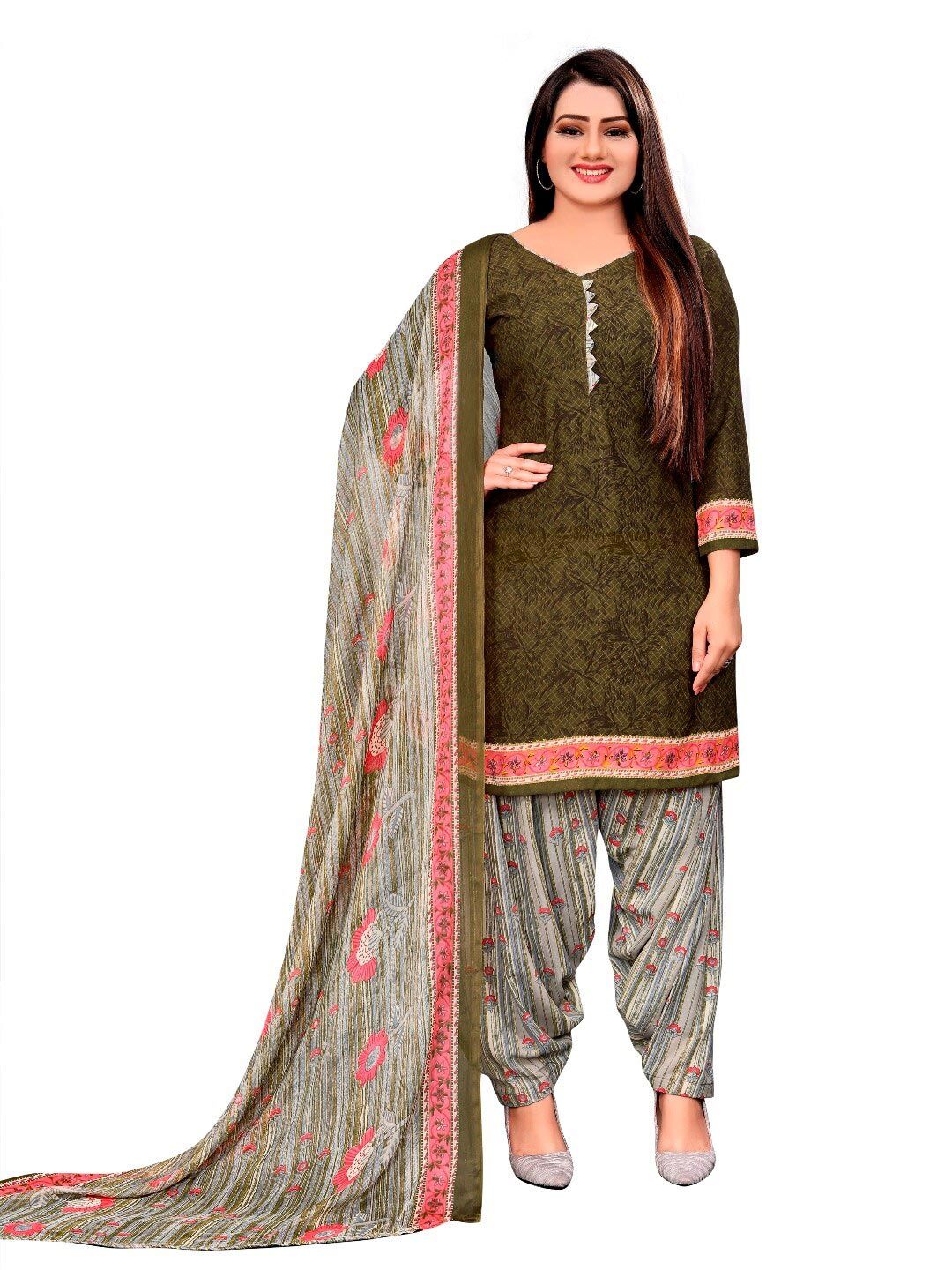 INDIAN HERITAGE Brown & Red Silk Crepe Kurta & Patiyala Dress Material With Dupatta Price in India