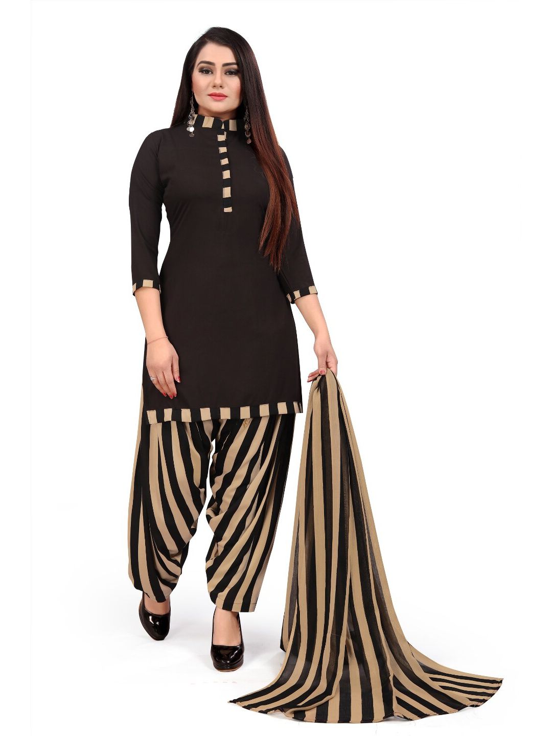 INDIAN HERITAGE Black & Cream-Coloured Printed Silk Crepe Unstitched Dress Material Price in India