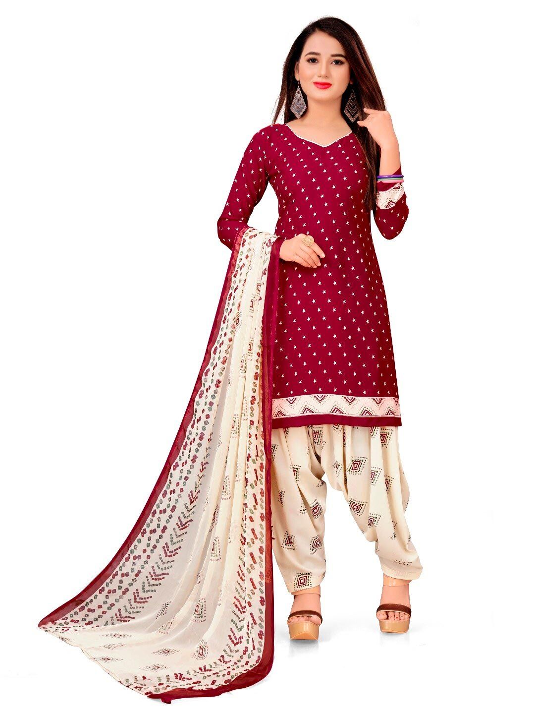 INDIAN HERITAGE Maroon & Cream-Coloured Printed Silk Crepe Unstitched Dress Material Price in India