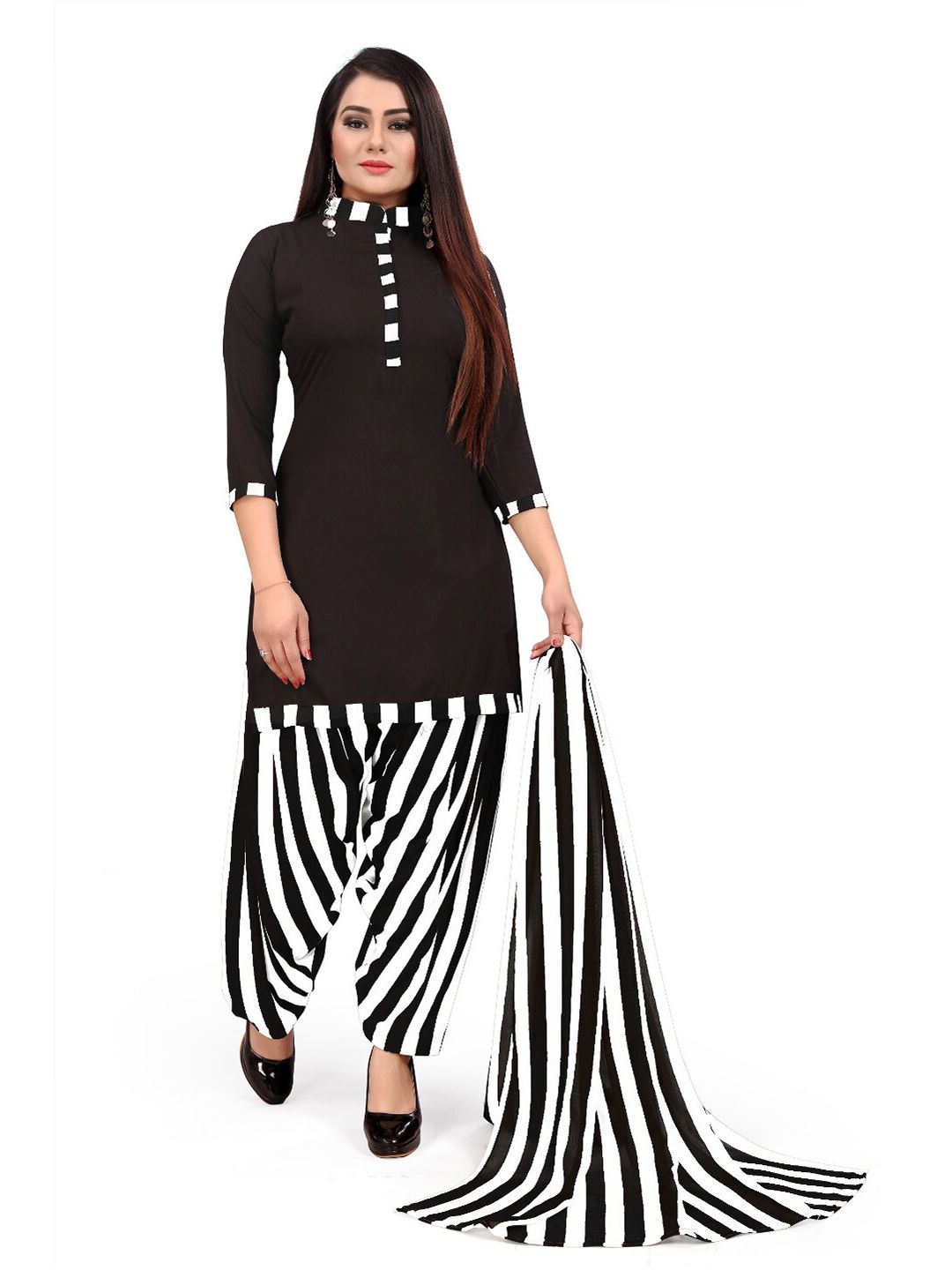 INDIAN HERITAGE Women  Black & White Silk Crepe Unstitched Dress Material Price in India