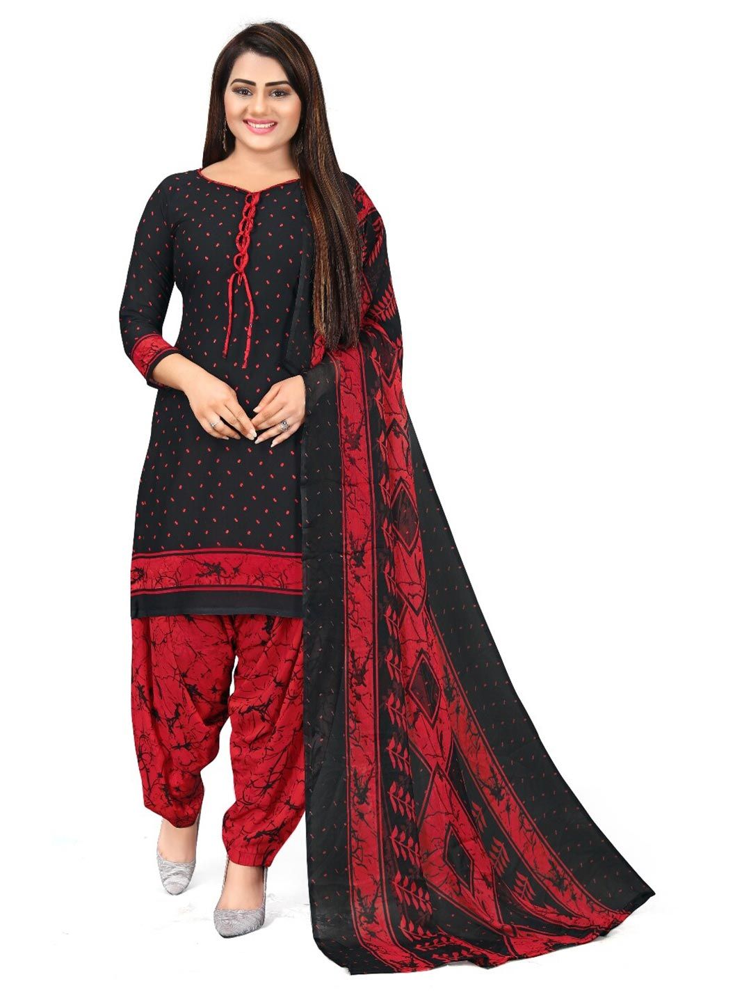 INDIAN HERITAGE Black & Red Printed Silk Crepe Unstitched Dress Material Price in India