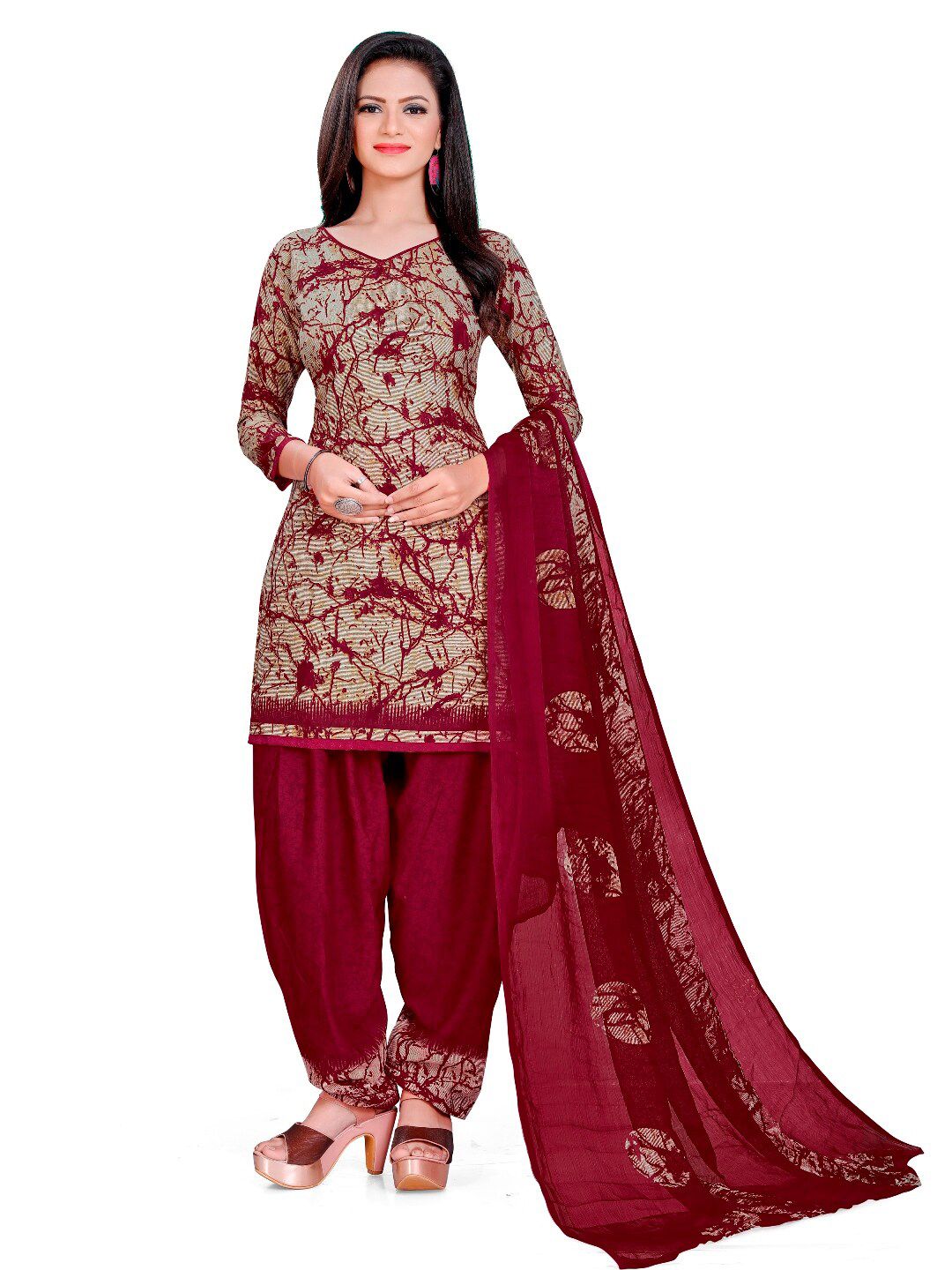 INDIAN HERITAGE Maroon & Brown Printed Silk Crepe Unstitched Dress Material Price in India