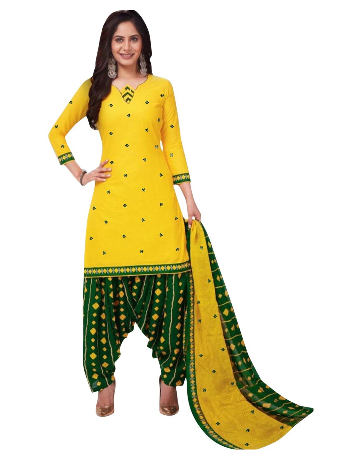 INDIAN HERITAGE Yellow & Green Printed Silk Crepe Unstitched Dress Material Price in India