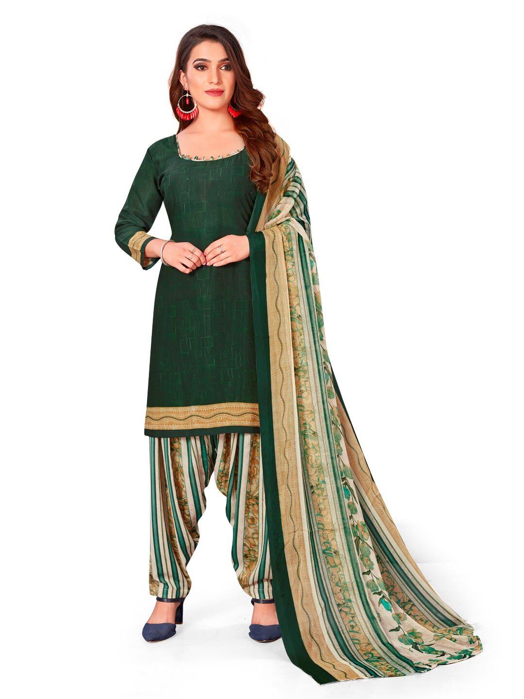 INDIAN HERITAGE Green & Beige Printed Silk Crepe Unstitched Dress Material Price in India