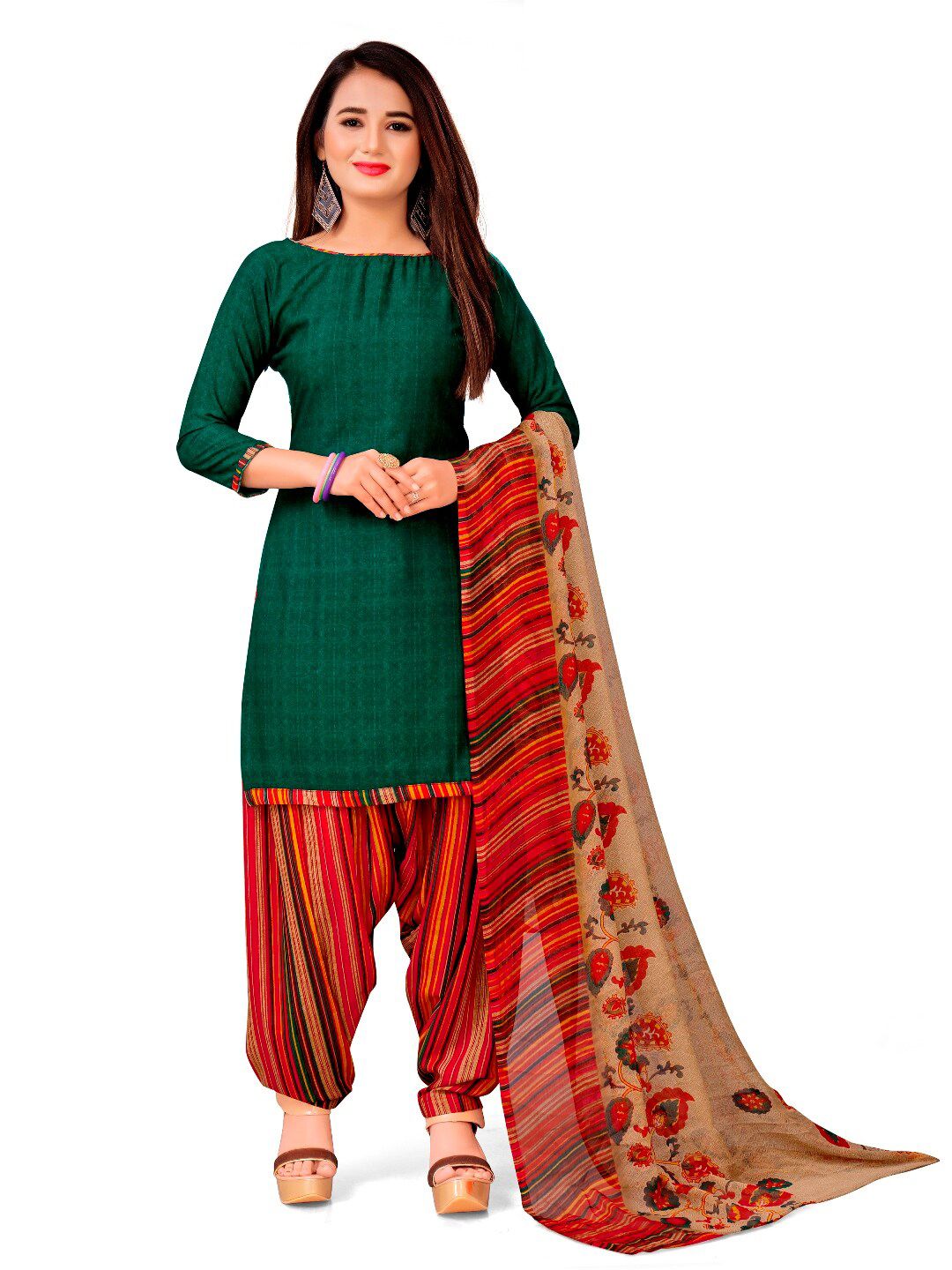 INDIAN HERITAGE Green & Red Printed Silk Crepe Unstitched Dress Material Price in India