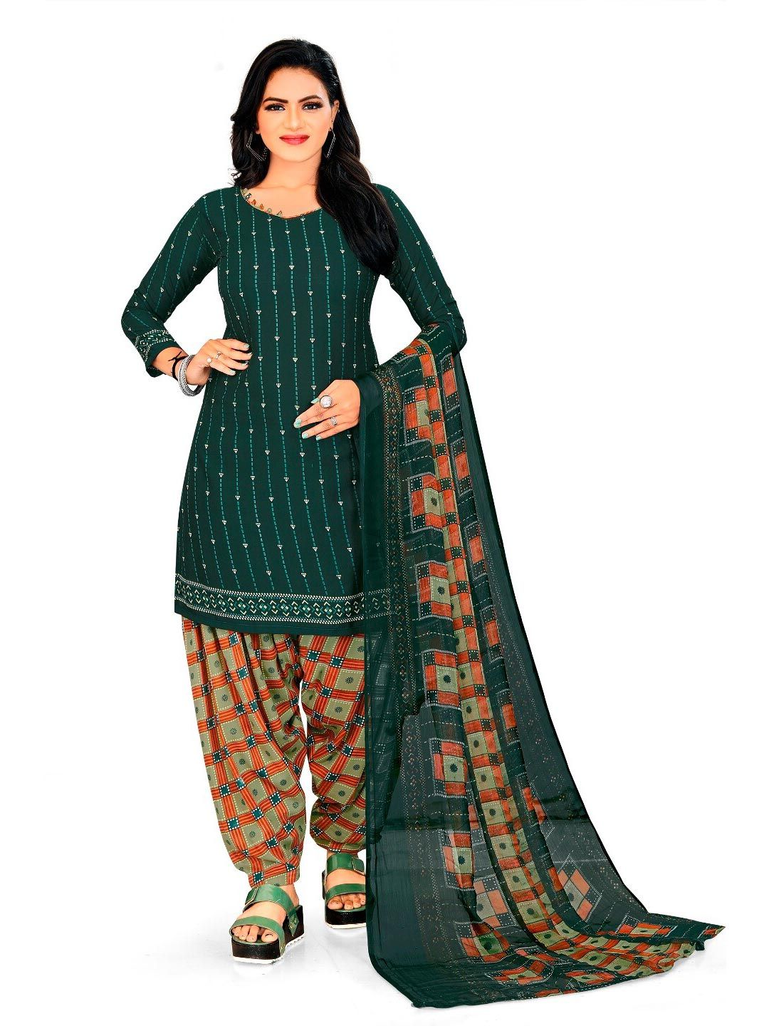 INDIAN HERITAGE Green & Orange Printed Silk Crepe Unstitched Dress Material Price in India