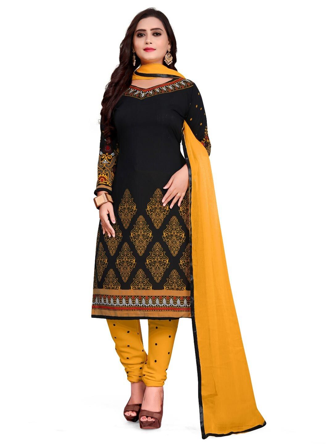 INDIAN HERITAGE Black & Yellow Printed Silk Crepe Unstitched Dress Material Price in India