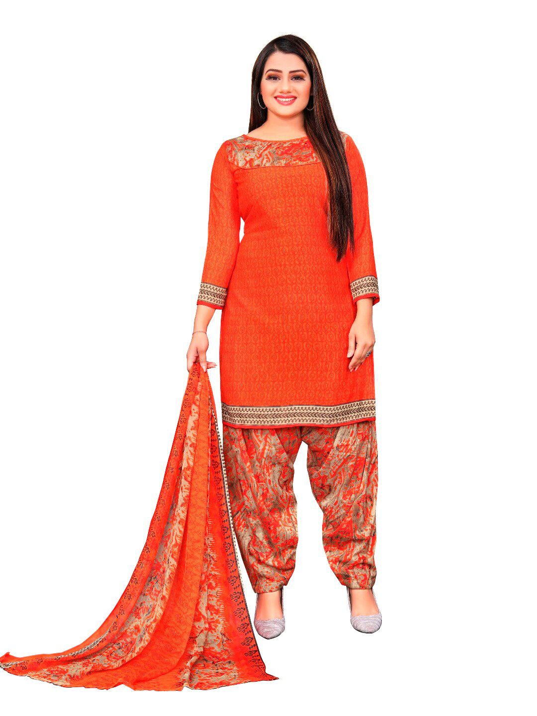 INDIAN HERITAGE Orange & Cream-Coloured Printed Silk Crepe Unstitched Dress Material Price in India