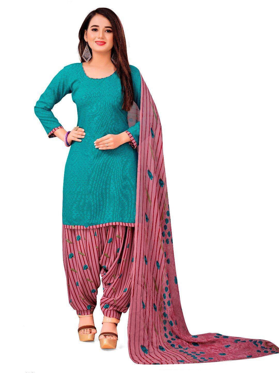 INDIAN HERITAGE Blue & Pink Printed Silk Crepe Unstitched Dress Material Price in India