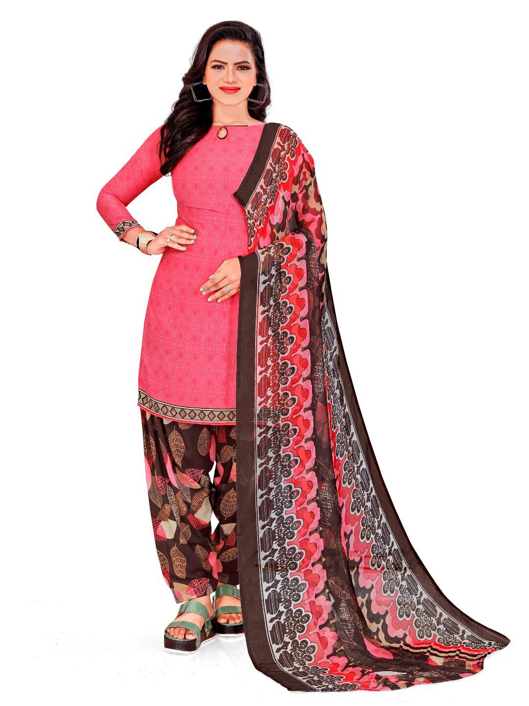 INDIAN HERITAGE Pink & Brown Printed Silk Crepe Unstitched Dress Material Price in India