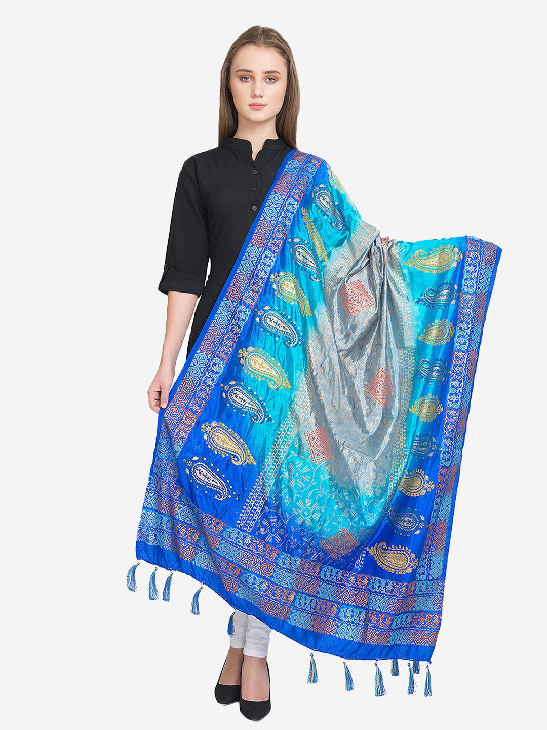 La Vastraa Blue & Yellow Paisley Dyed Art Silk Dupatta