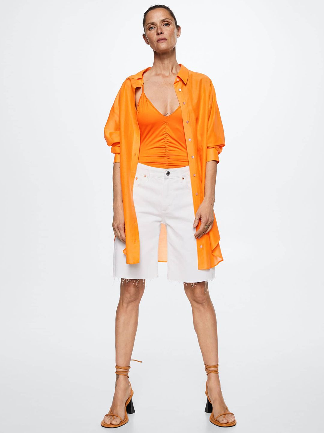 Orange Solid Ruched Bodysuit