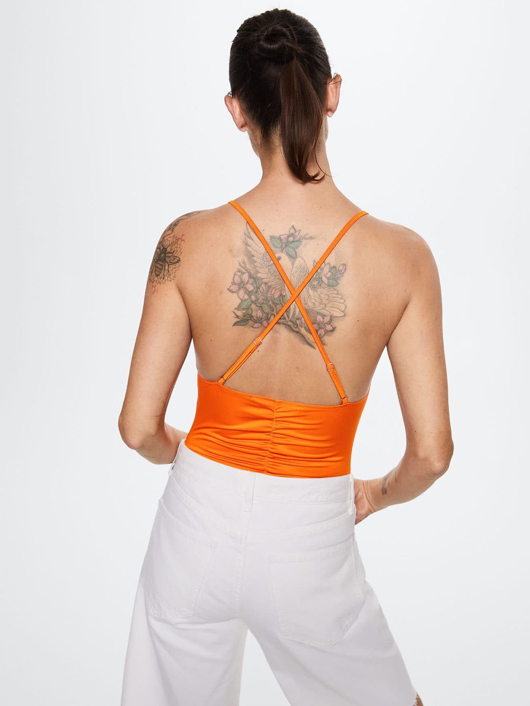 Orange Solid Ruched Bodysuit