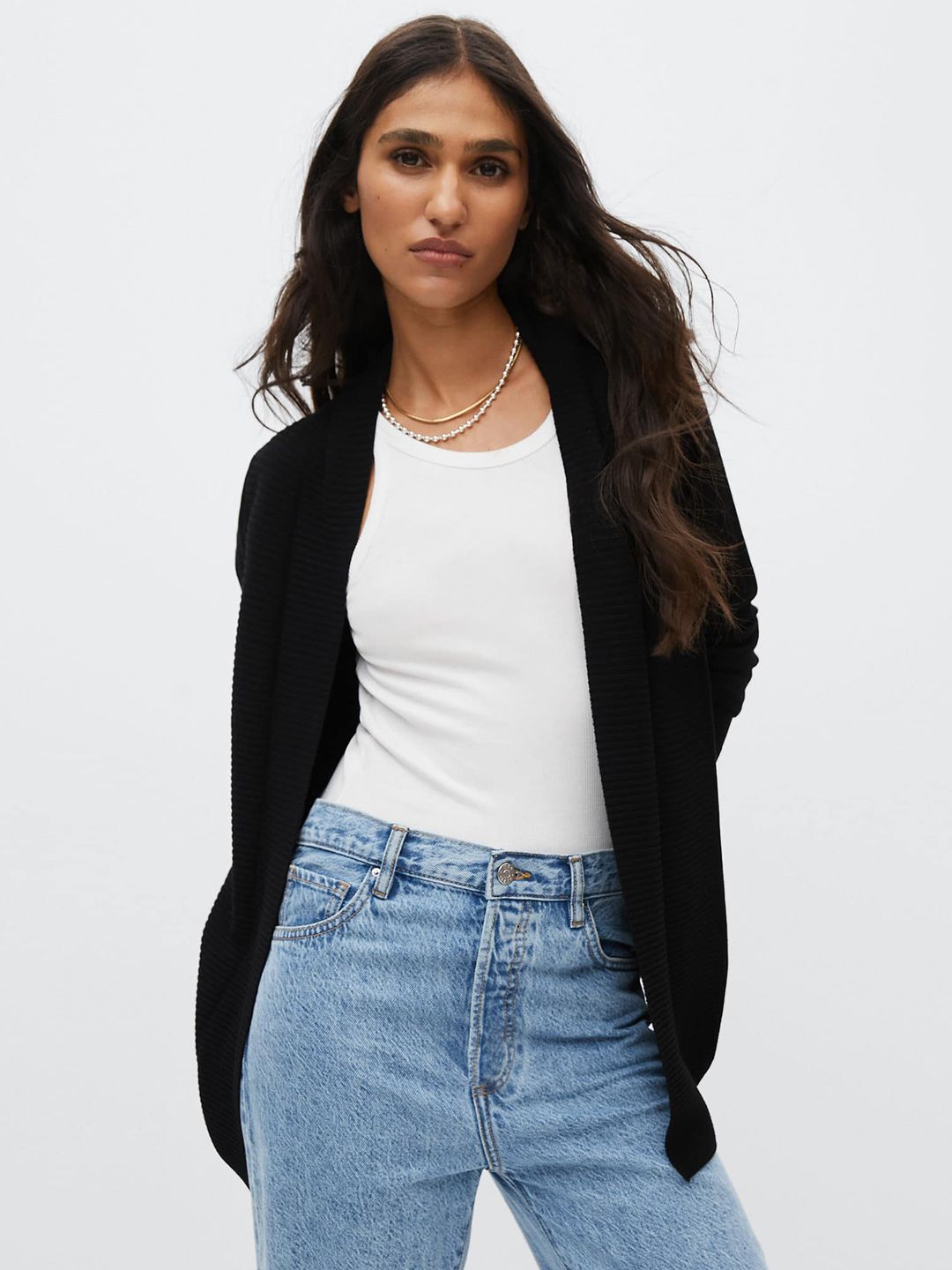 MANGO Women Black Solid Longline Front Open Cardigan Price in India