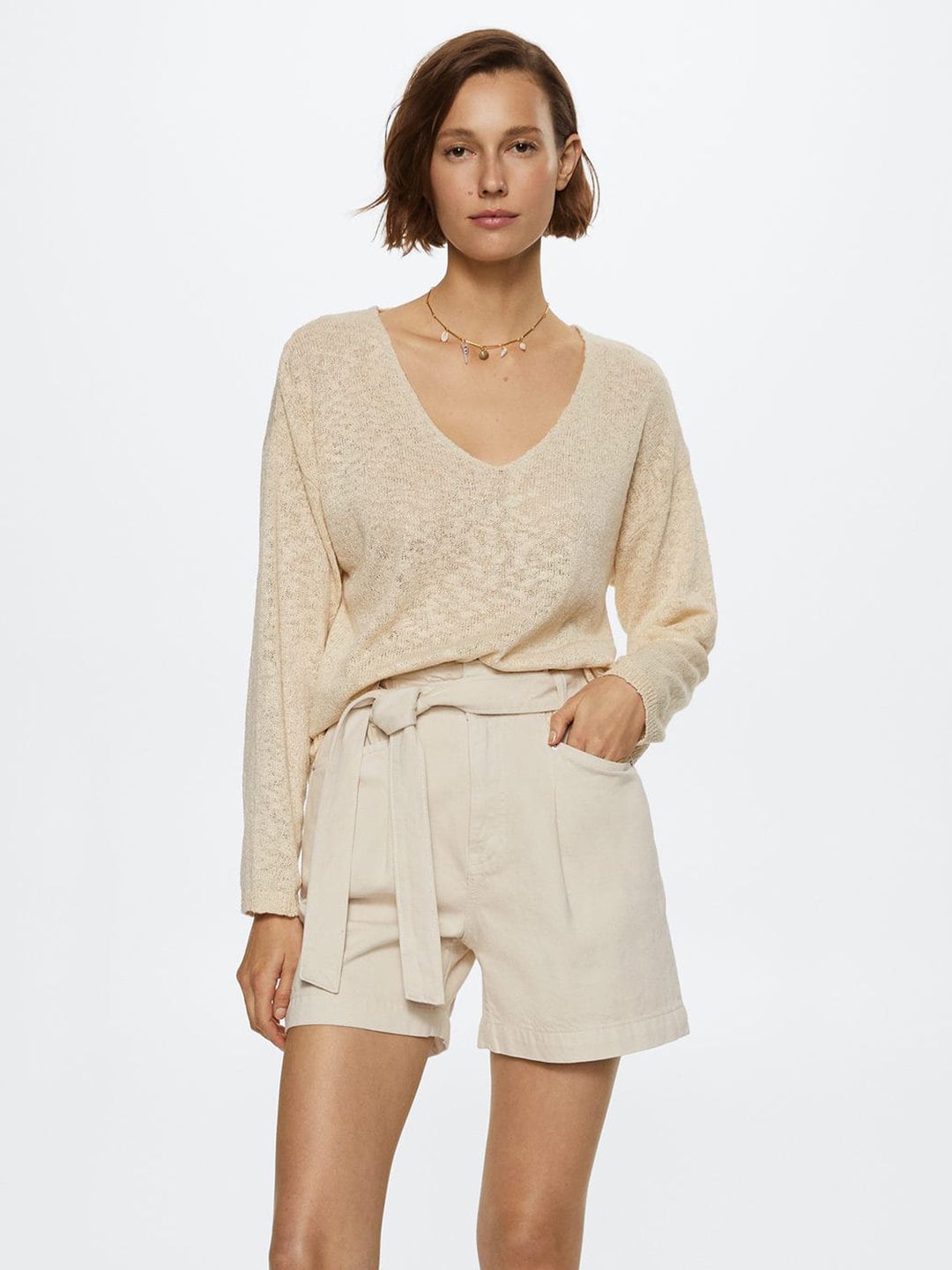 MANGO Women Beige Solid Knitted Pullover Price in India