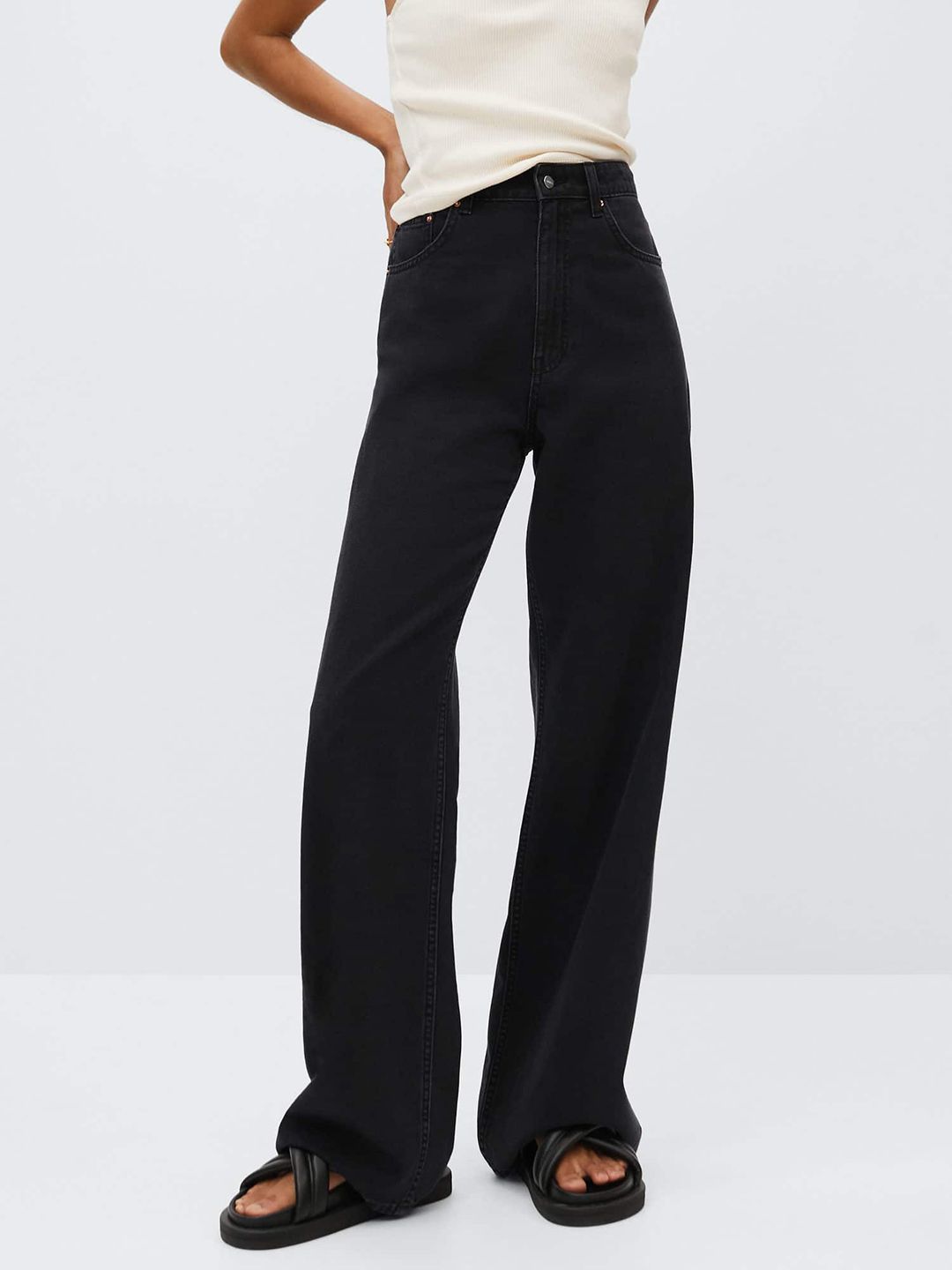 MANGO Women Black Pure Cotton Wide Leg High-Rise Jeans Price in India