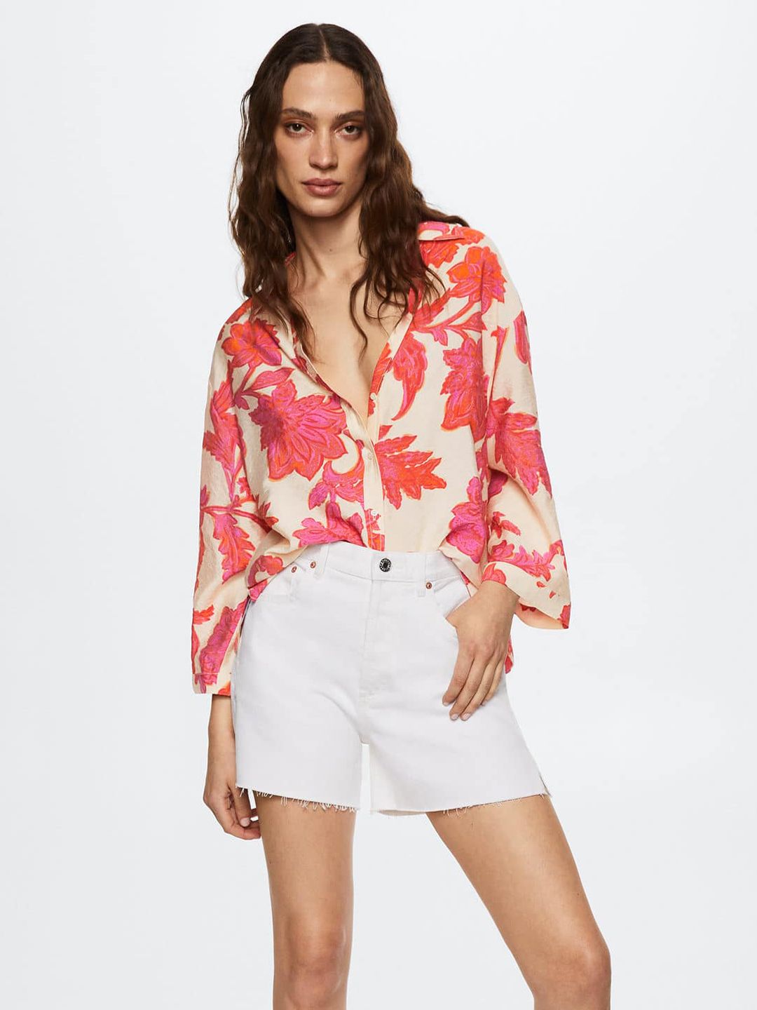 MANGO Women Cream-Coloured & Pink Floral Printed Casual Shirt Price in India