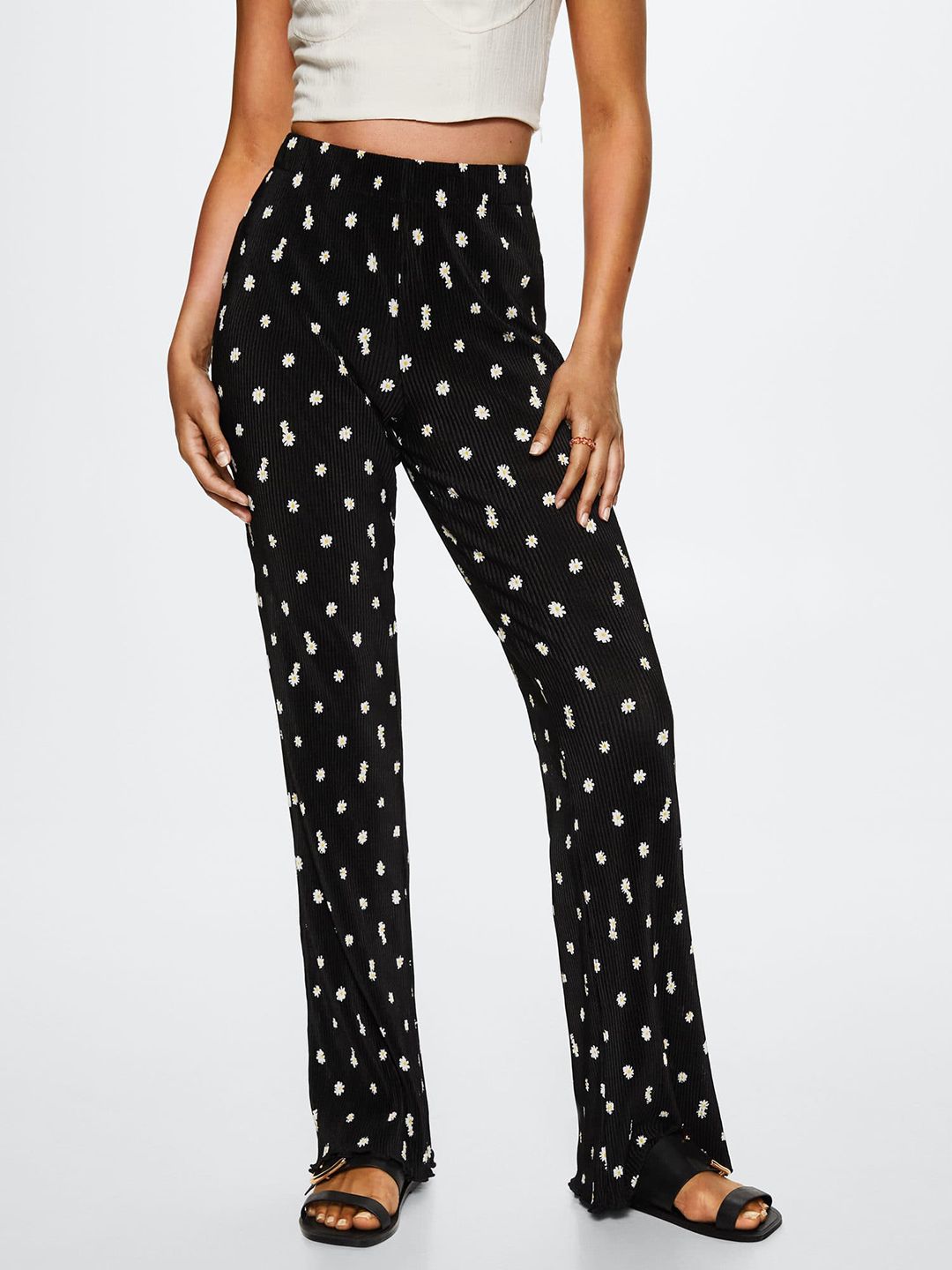 MANGO Women Black Floral Printed Trousers Price in India