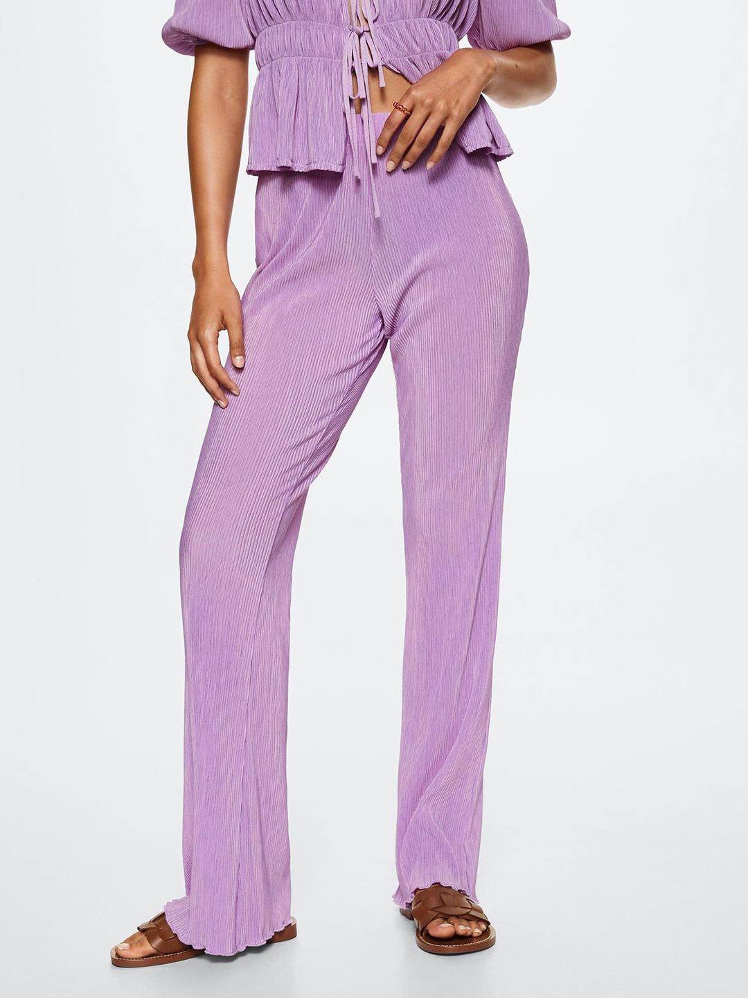 MANGO Women Lavender Solid High-Rise Parallel Trousers Price in India