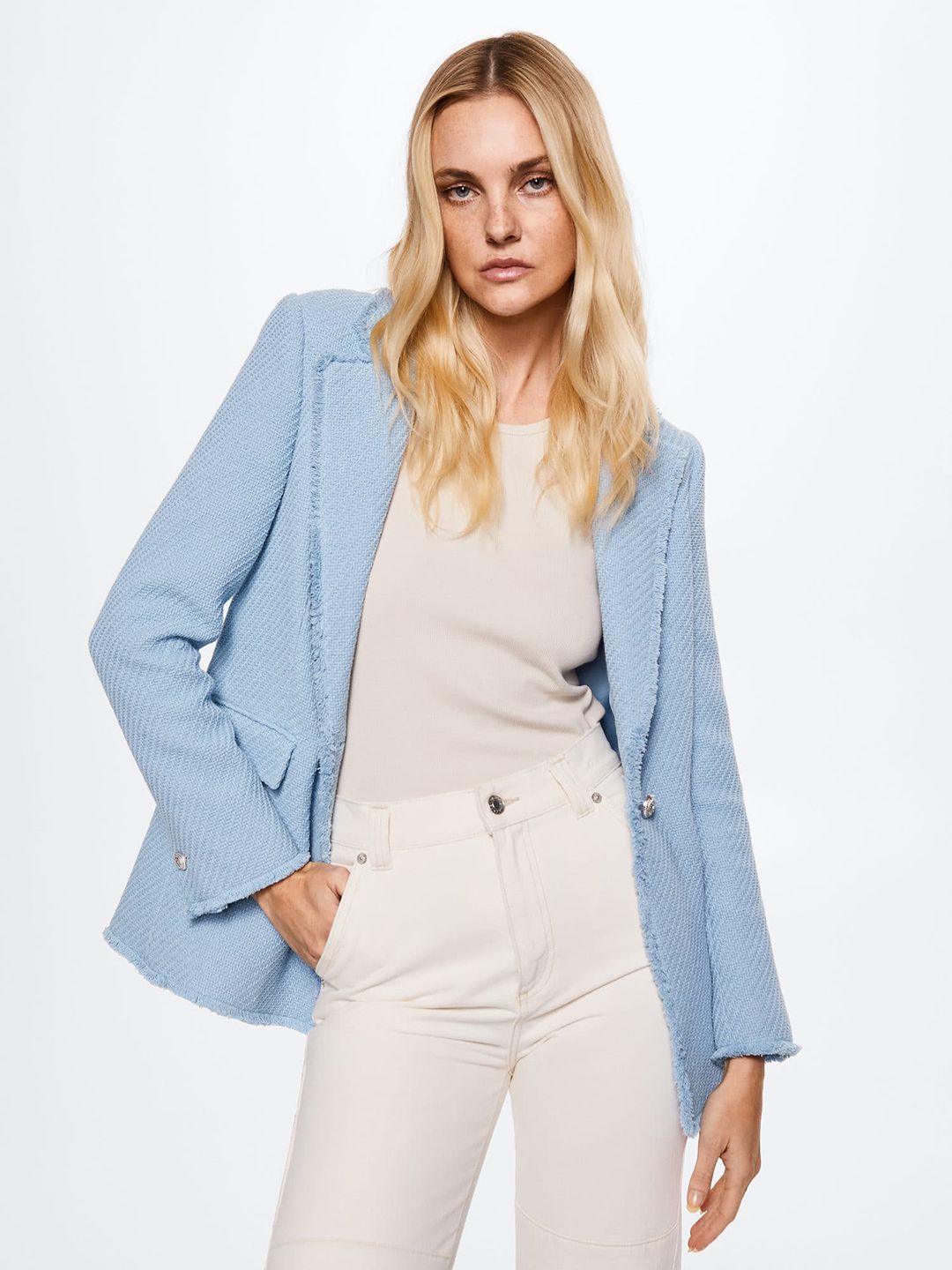 MANGO Women Blue Solid Single-Breasted Blazer Price in India