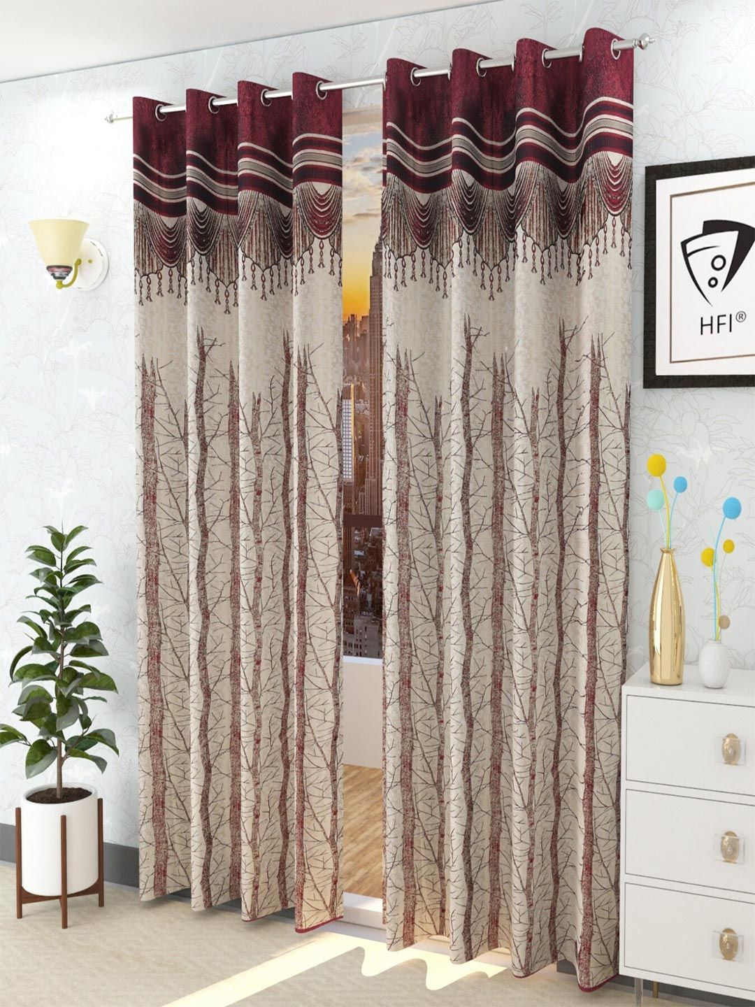 Homefab India Maroon & Cream Set of 2 Room Darkening Long Door Curtains 9feet Price in India