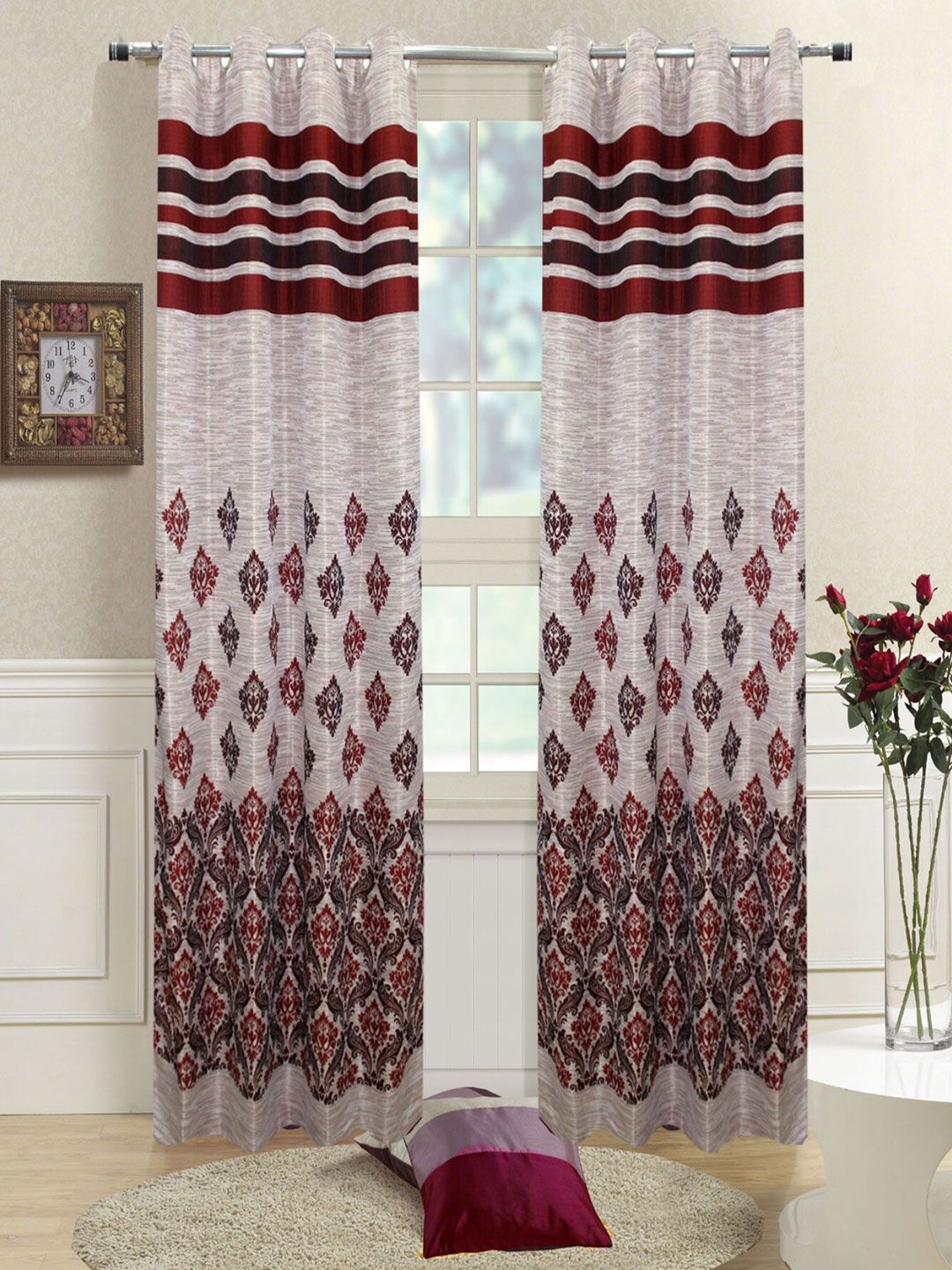 Homefab India Maroon & Beige Set of 2 Room Darkening Window Curtain Price in India