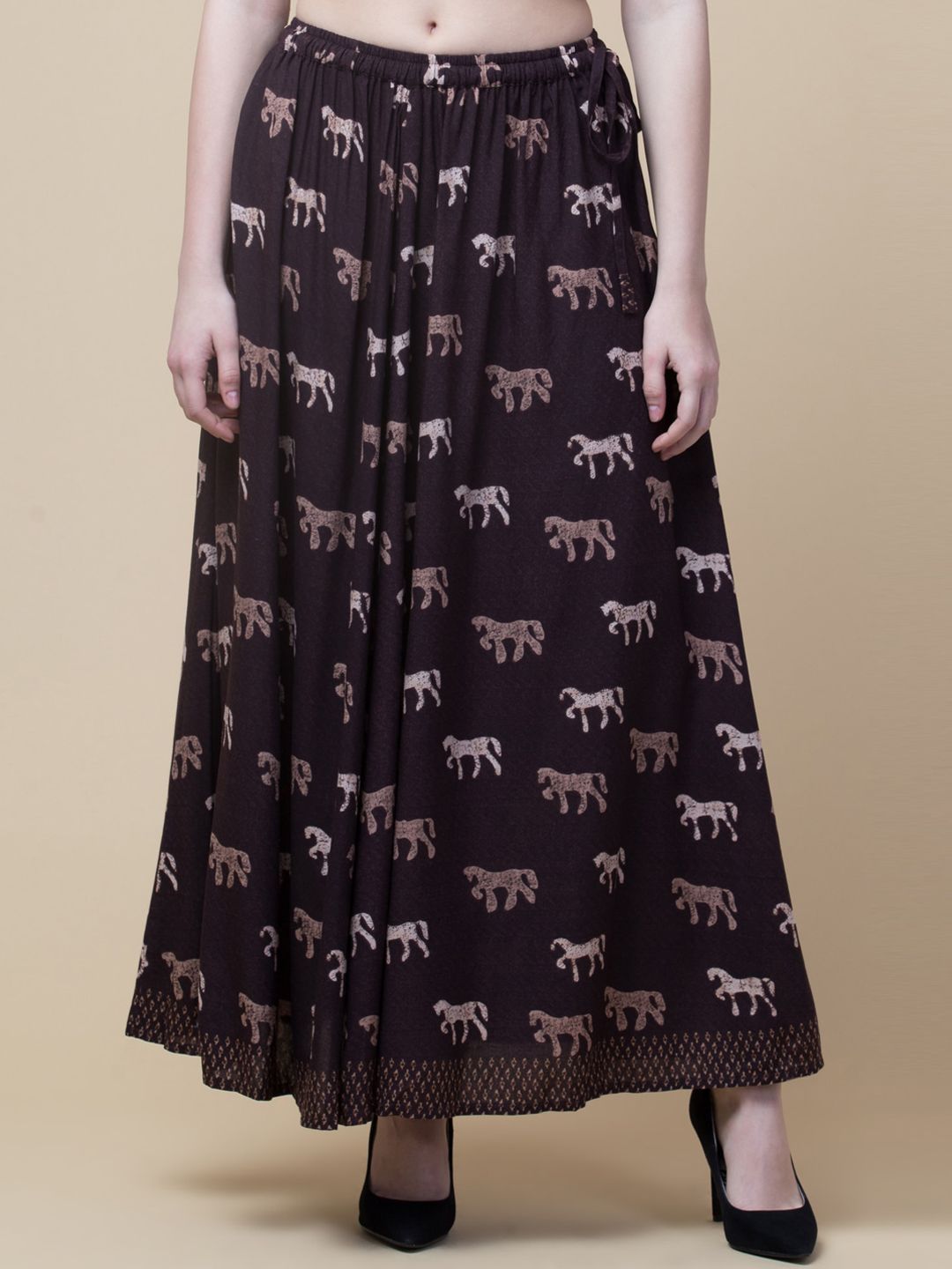 Hive91 Women Brown Animal Printed Maxi Flared Skirts Price in India