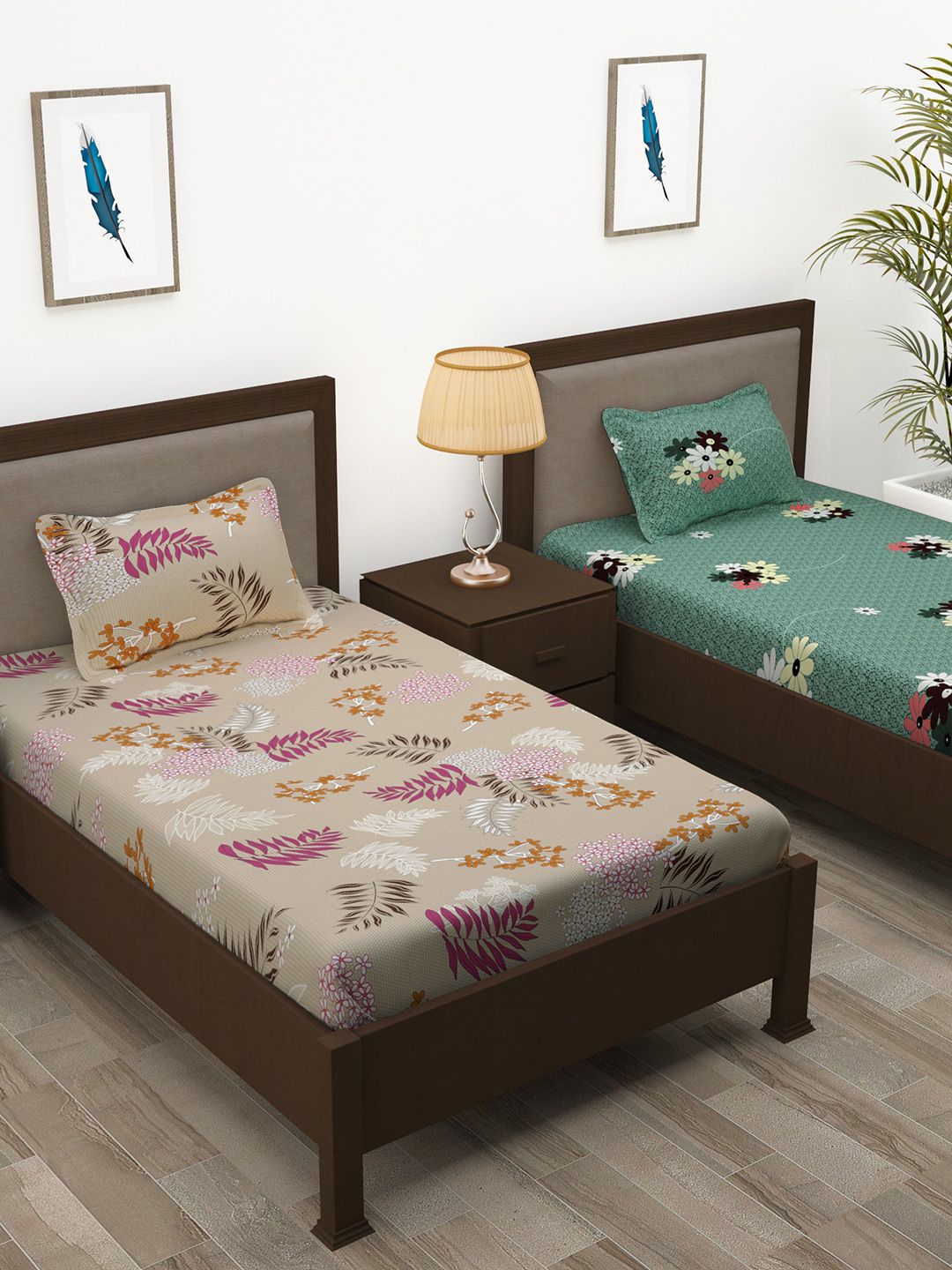 Story@home Green & Beige 200 TC Pack of 2 Pure Cotton Single Bedsheet with 2 Pillow Covers Price in India