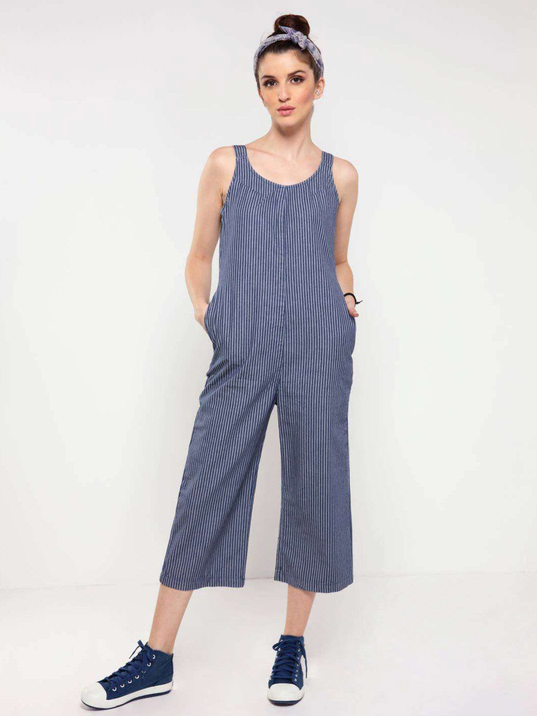 FREAKINS Women's Blue & White Striped Basic Jumpsuit Price in India