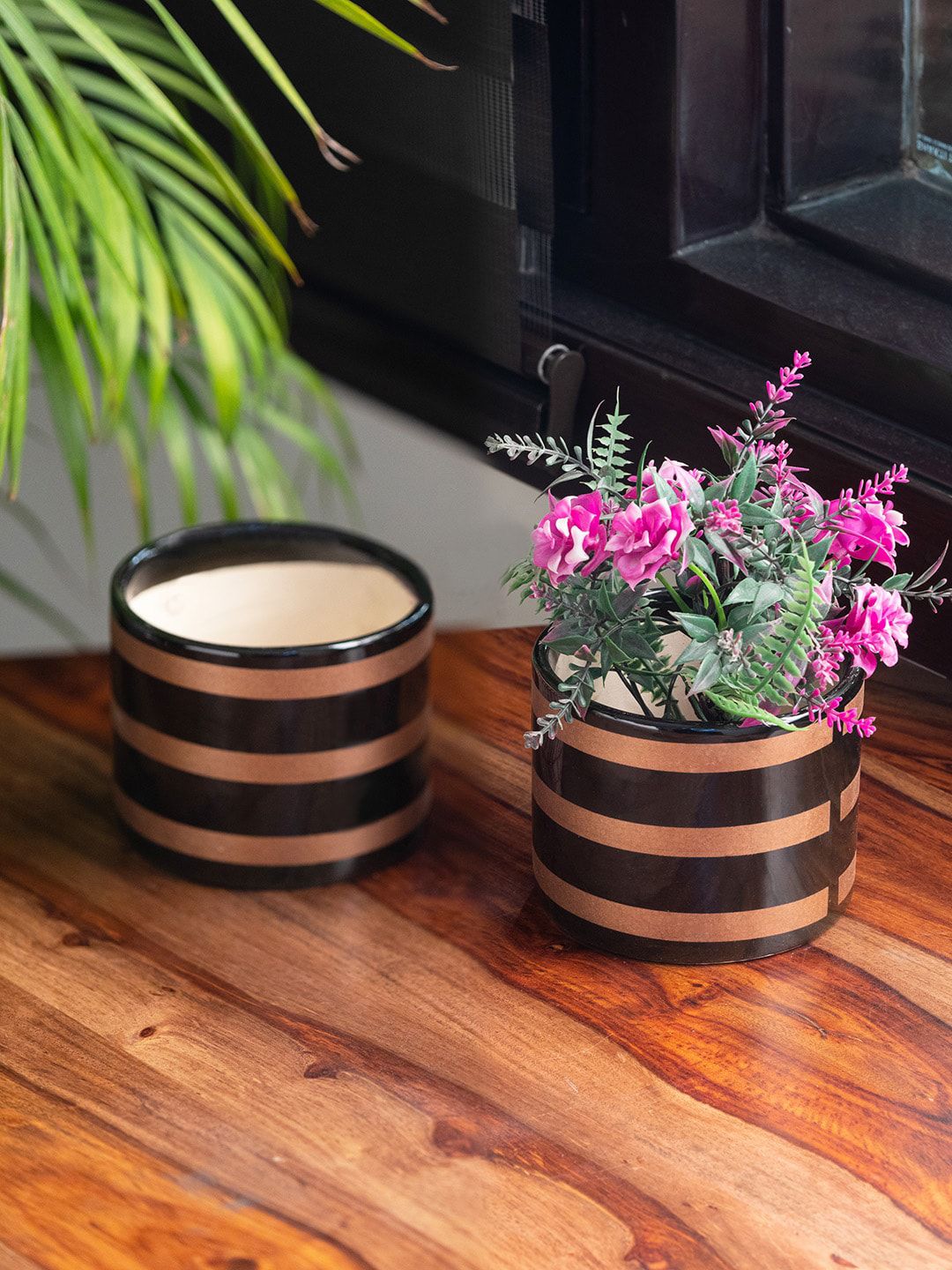 Exclusive Lane Set Of 2 Brown Mud Wells Ceramic Table Planters Price in India