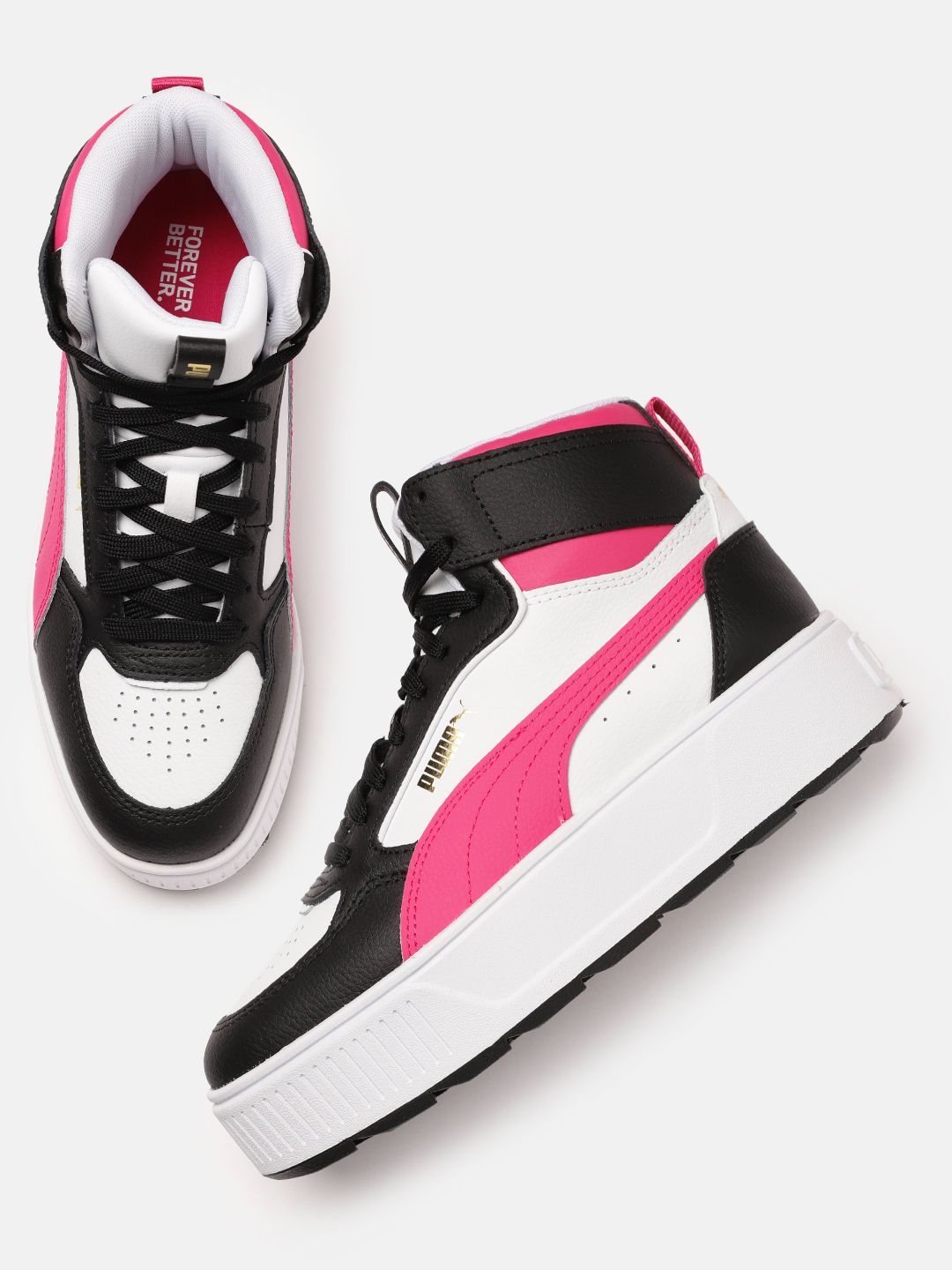 Puma Women White & Pink Colourblocked Karmen Rebelle Leather Mid-Top Sneakers Price in India