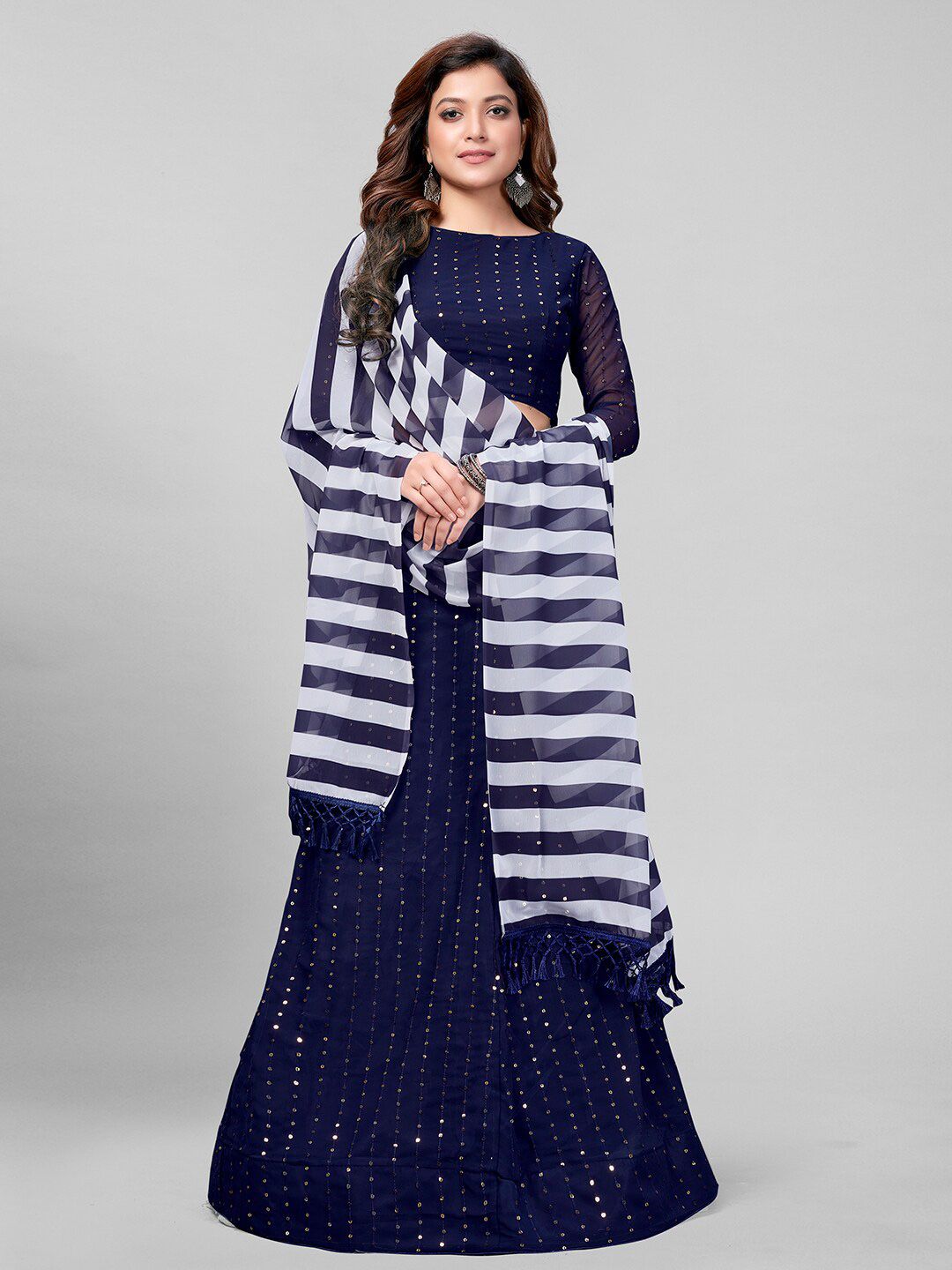 Granthva Fab Blue & White Embroidered Sequinned Semi-Stitched Lehenga & Unstitched Blouse With Dupatta Price in India