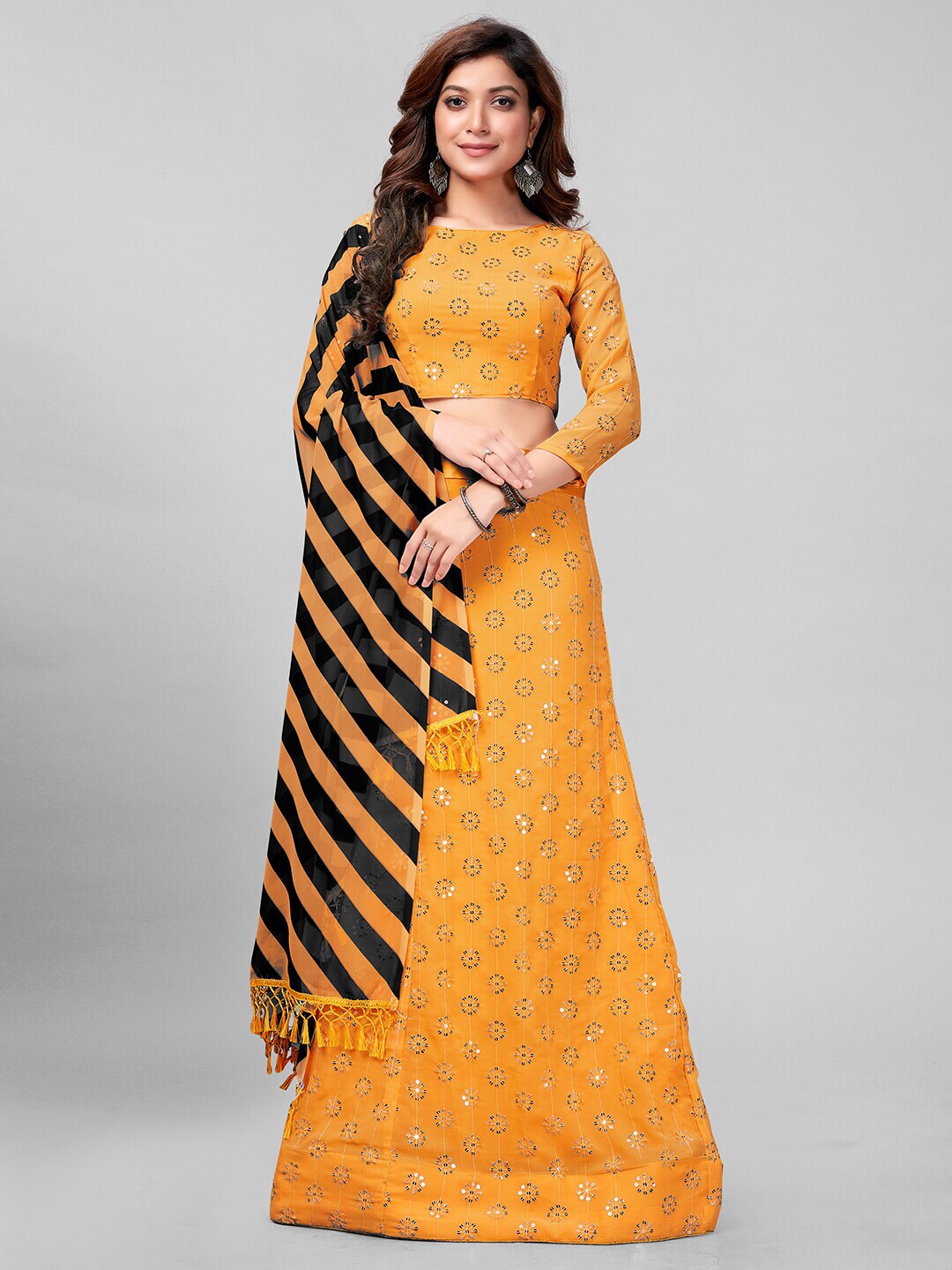 Granthva Fab Yellow & Black Embroidered Sequinned Semi-Stitched Lehenga & Unstitched Blouse With Dupatta Price in India