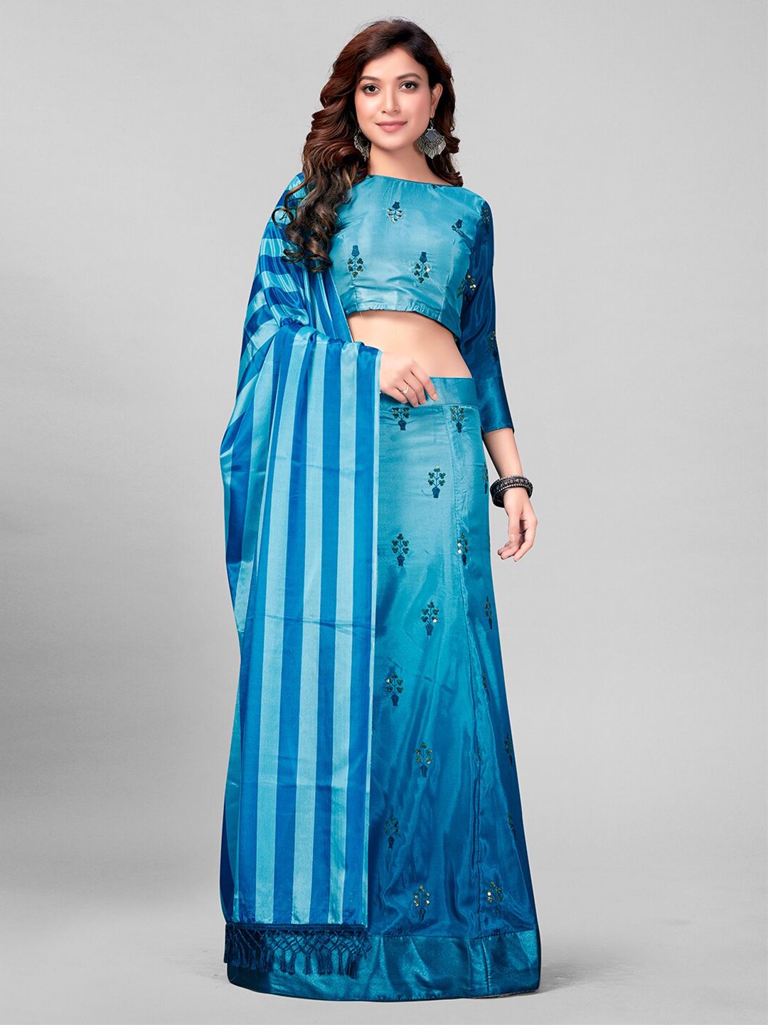 Granthva Fab Blue & Silver-Toned Embroidered Sequinned Semi-Stitched Lehenga & Unstitched Blouse With