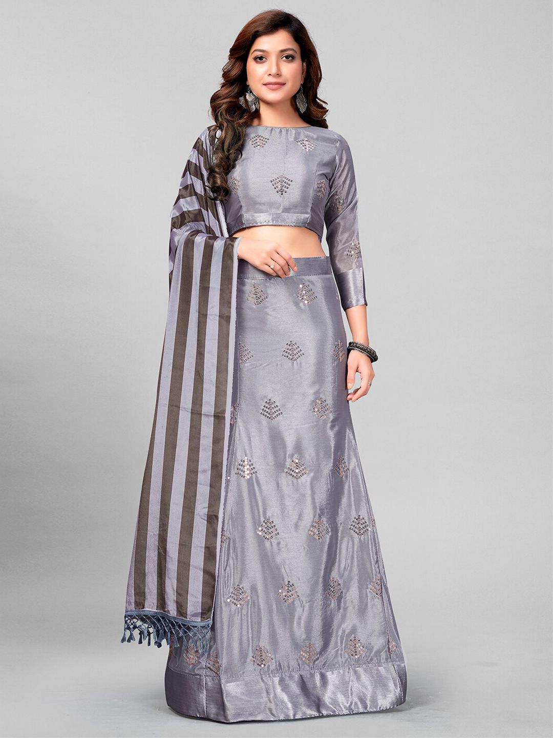 Granthva Fab Grey & Brown Embroidered Sequinned Semi-Stitched Lehenga & Unstitched Blouse With Dupatta Price in India
