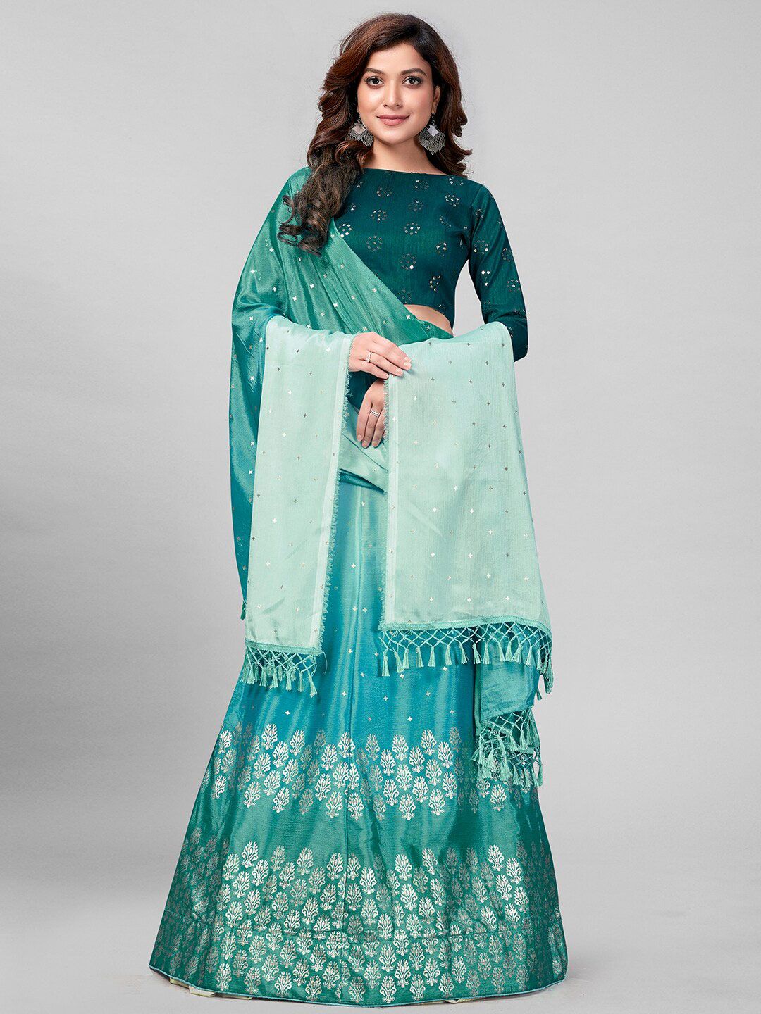 Granthva Fab Green & Silver-Toned Embroidered Semi-Stitched Lehenga & Unstitched Blouse With Dupatta Price in India