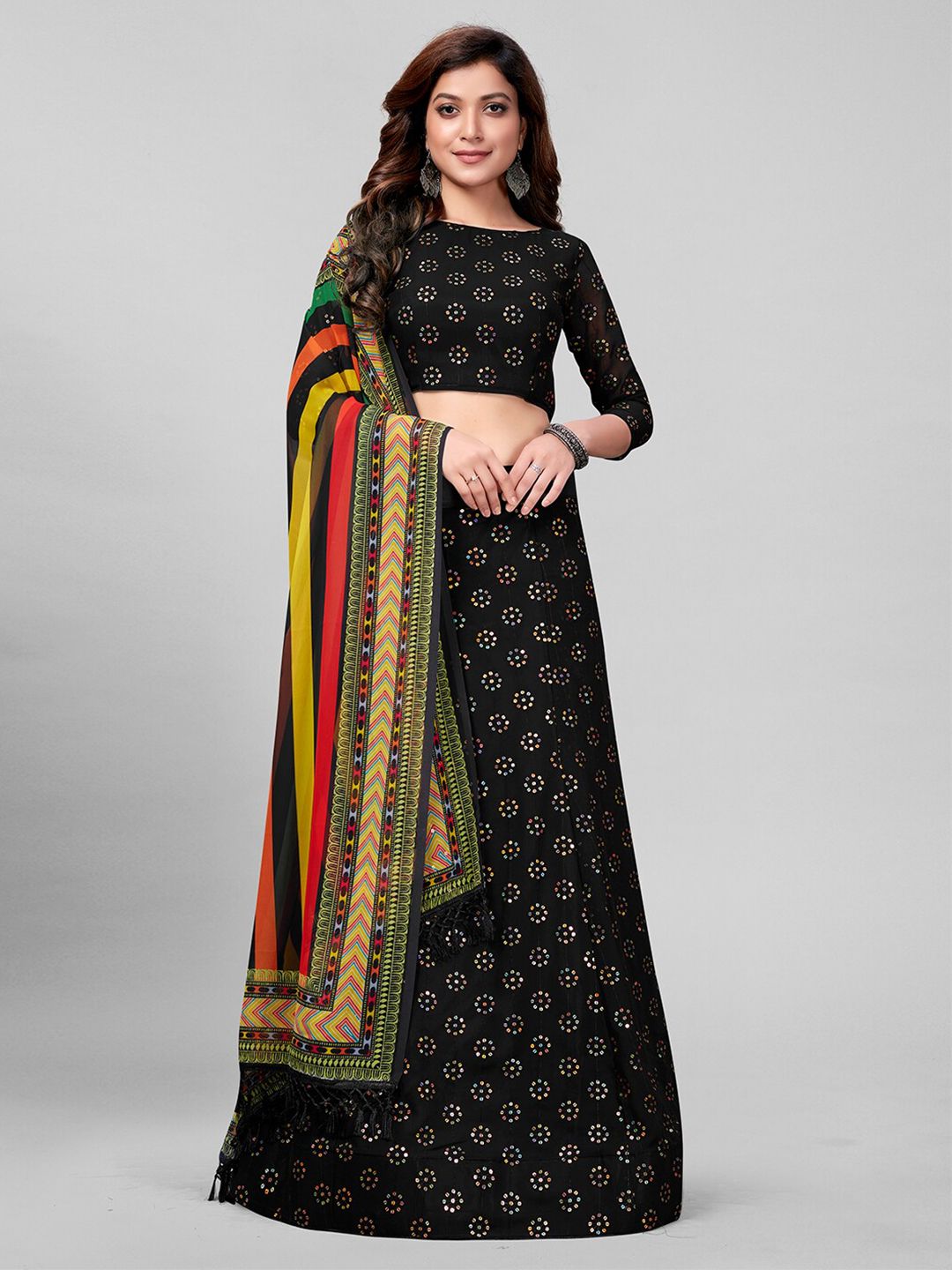 Granthva Fab Black & Red Embroidered Sequinned Semi-Stitched Lehenga & Unstitched Blouse With Dupatta Price in India