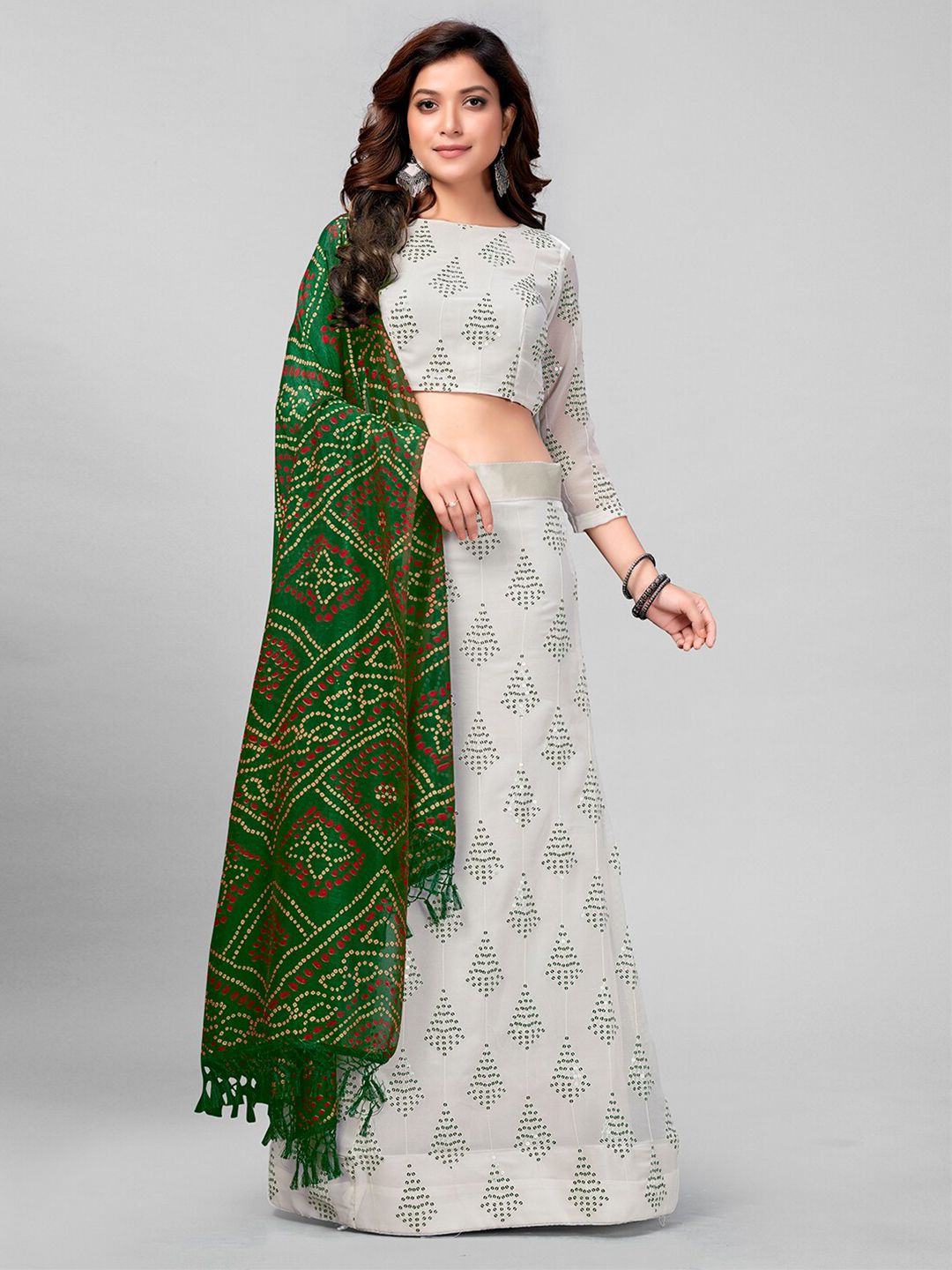 Granthva Fab Women White & Green Semi-Stitched Lehenga & Unstitched Blouse With Dupatta Price in India