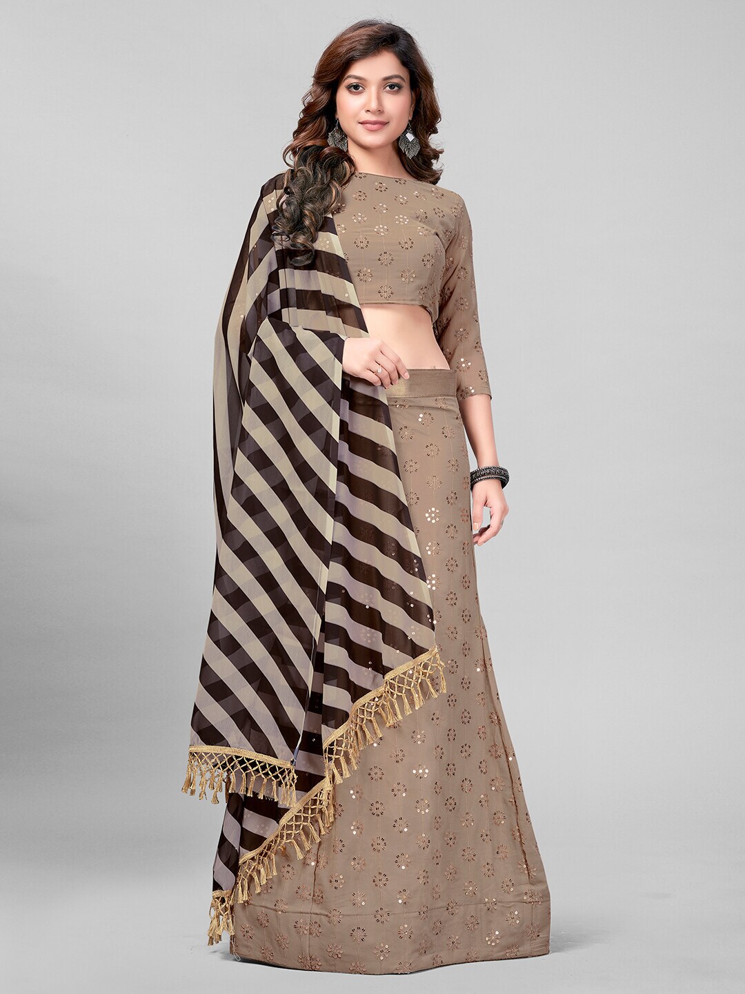 Granthva Fab Beige & Black Embroidered Sequinned Semi-Stitched Lehenga & Unstitched Blouse With Dupatta Price in India