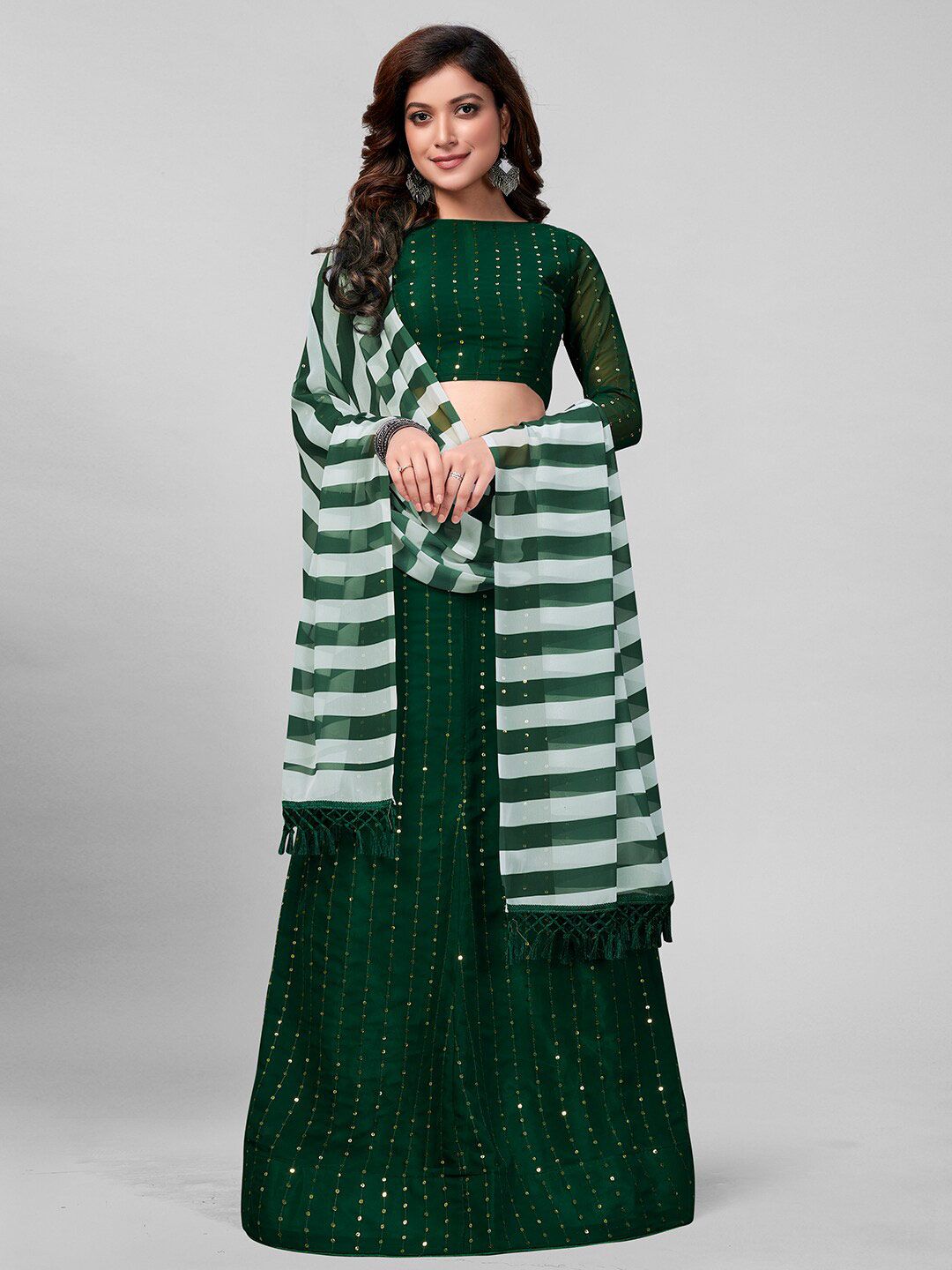 Granthva Fab Green & White Embellished Sequinned Semi-Stitched Lehenga & Unstitched Blouse With Dupatta Price in India