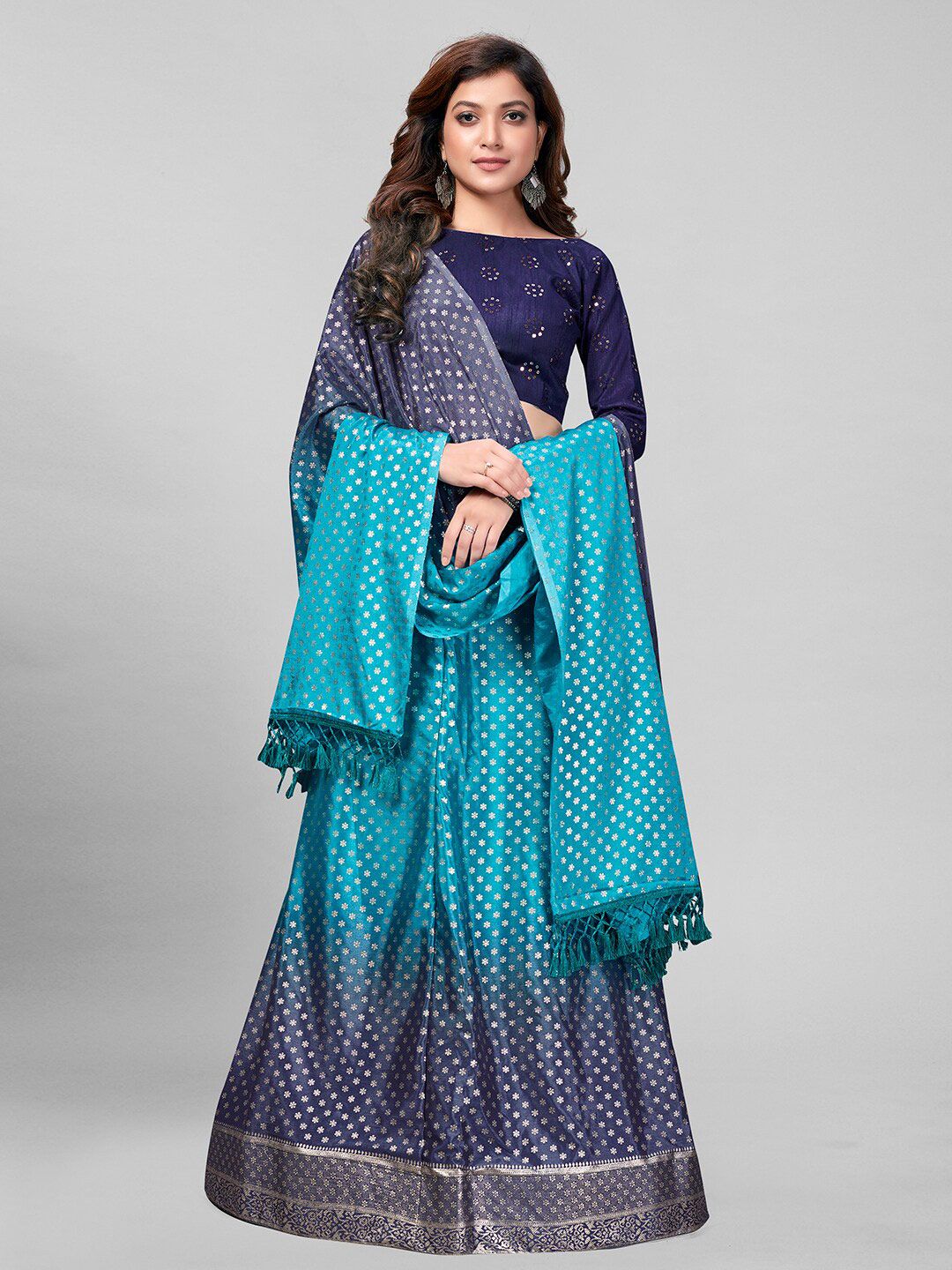 Granthva Fab Blue & Navy Embroidered Semi-Stitched Lehenga & Unstitched Blouse With Dupatta Price in India