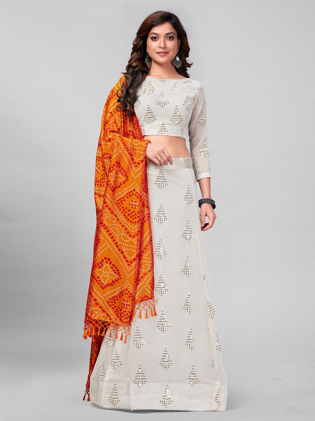Granthva Fab White & Orange Embroidered Sequinned Semi-Stitched Lehenga & Unstitched Blouse With Dupatta Price in India