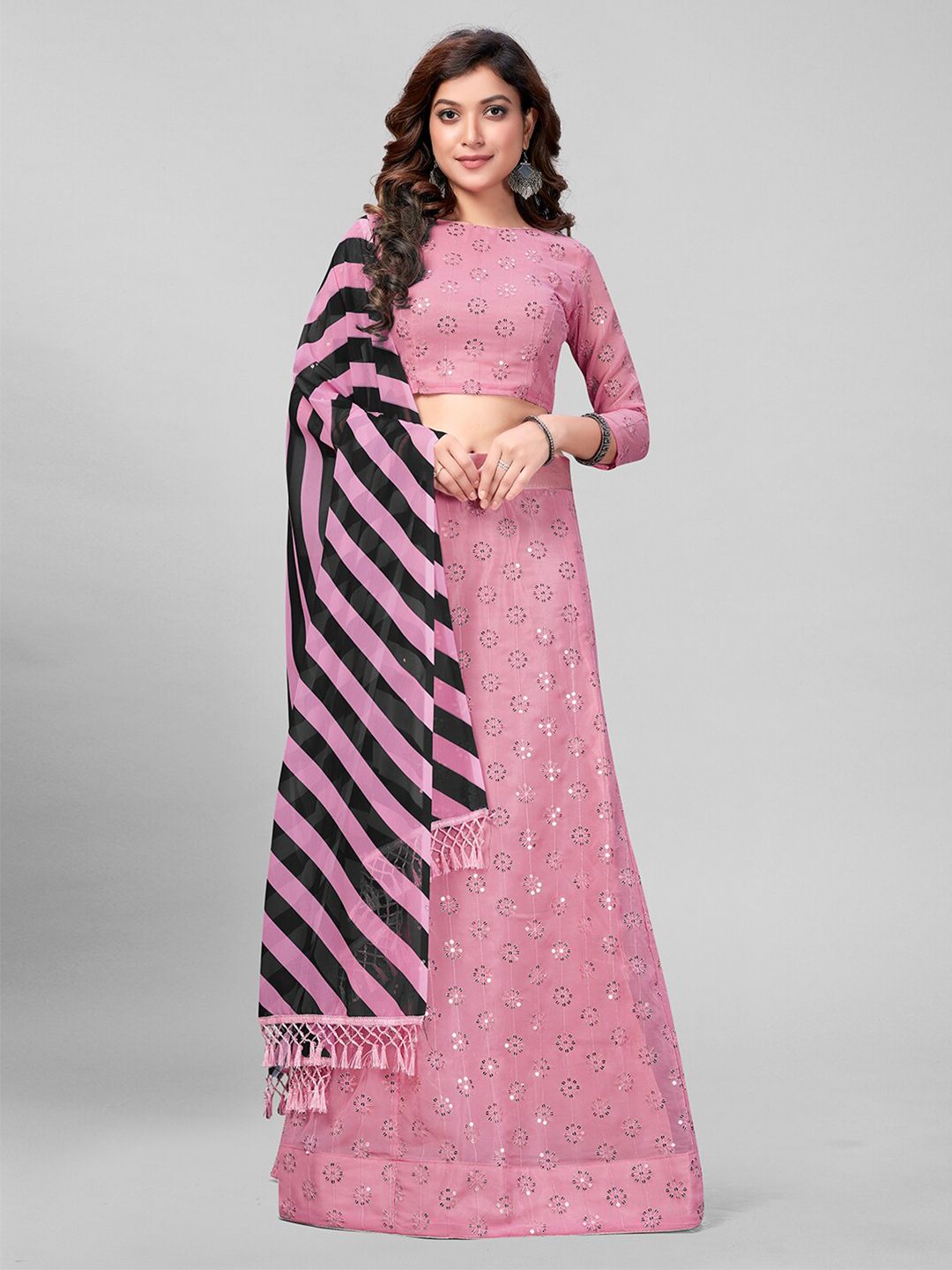 Granthva Fab Pink & Black Embroidered Sequinned Semi-Stitched Lehenga & Unstitched Blouse With Dupatta Price in India