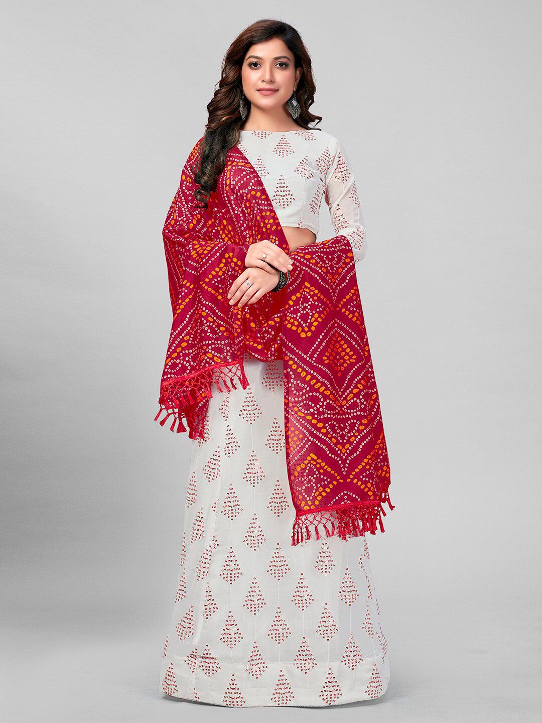 Granthva Fab White & Maroon Embroidered Sequinned Semi-Stitched Lehenga & Unstitched Blouse With Dupatta