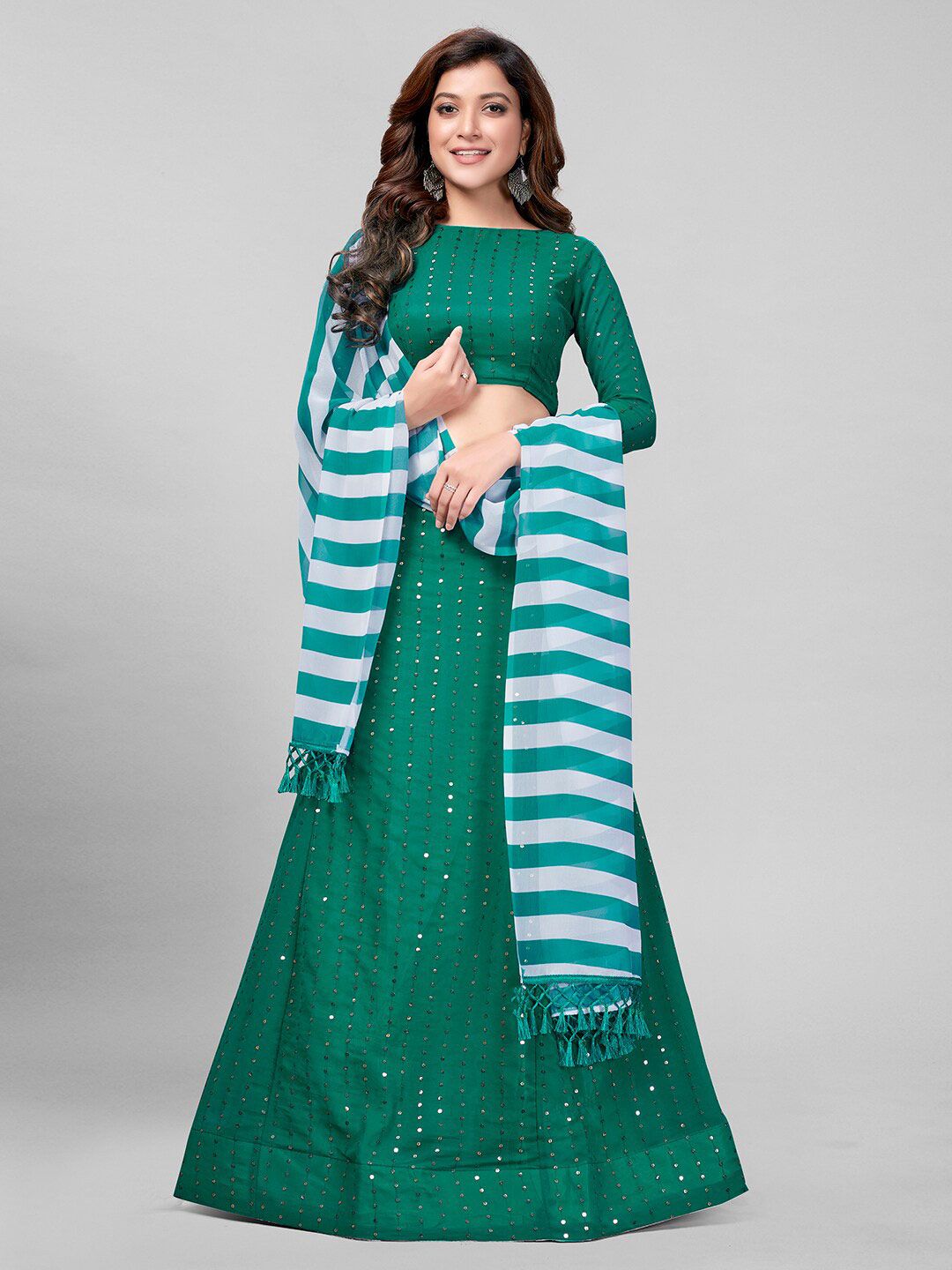 Granthva Fab Green & White Semi-Stitched Sequined Embroidered Georgette Lehenga Choli Price in India