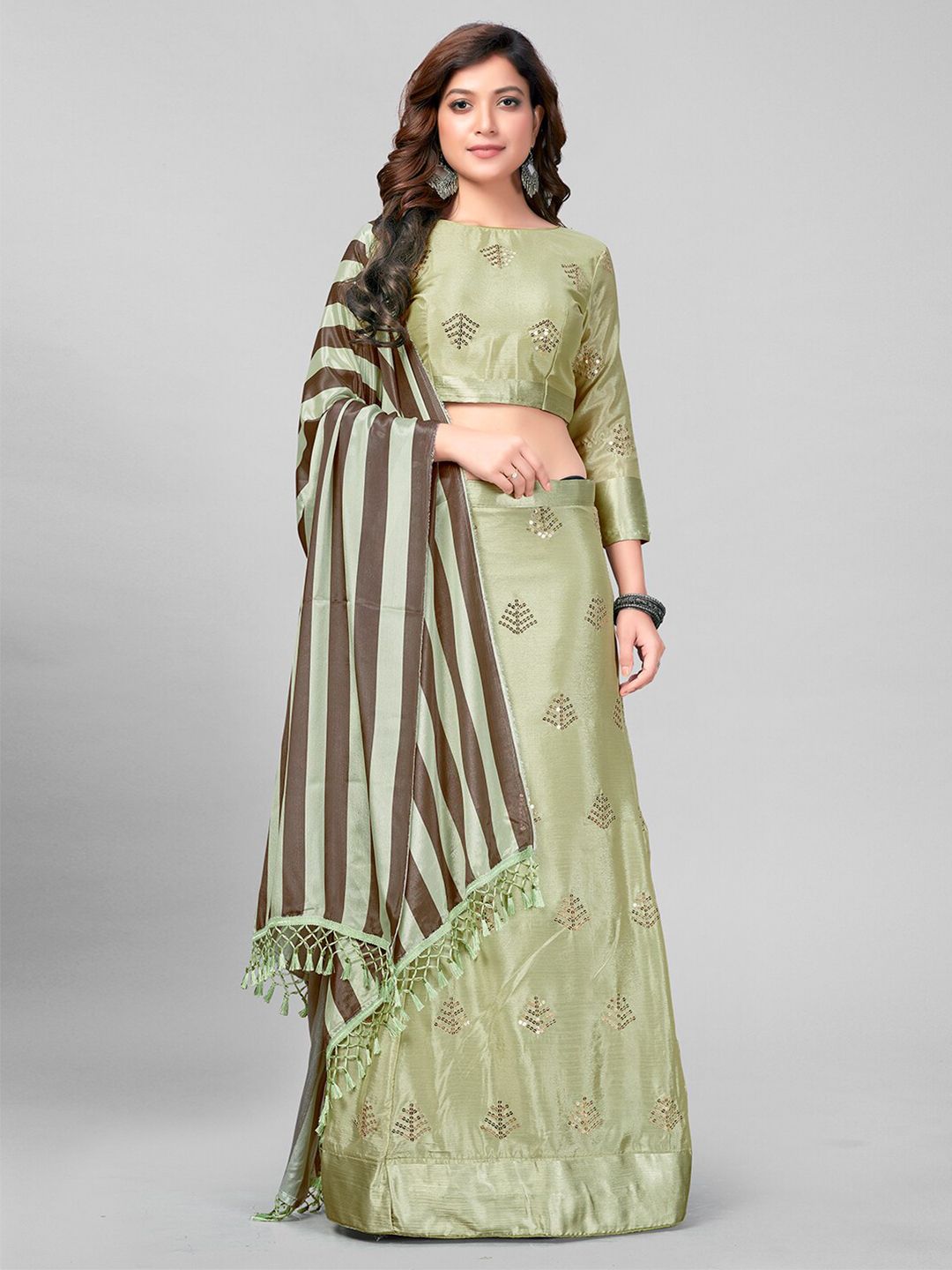 Granthva Fab Olive Green & Brown Embellished Sequinned Semi-Stitched Lehenga & Unstitched Blouse With Price in India