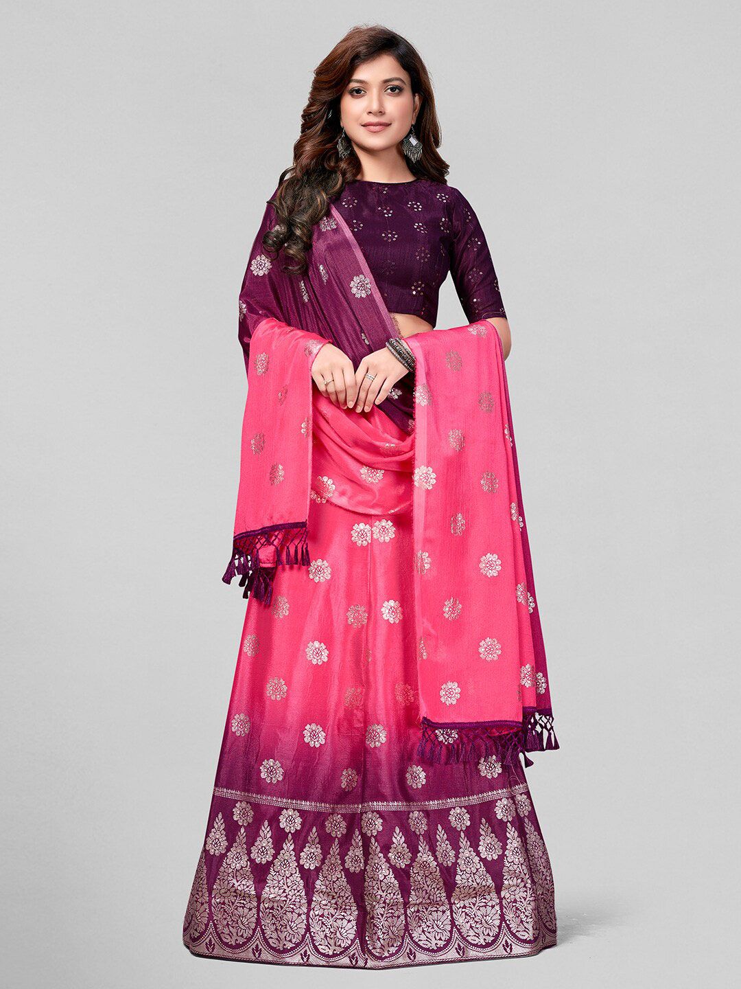 Granthva Fab Pink & Purple Embellished Semi-Stitched Lehenga & Unstitched Blouse With Dupatta Price in India