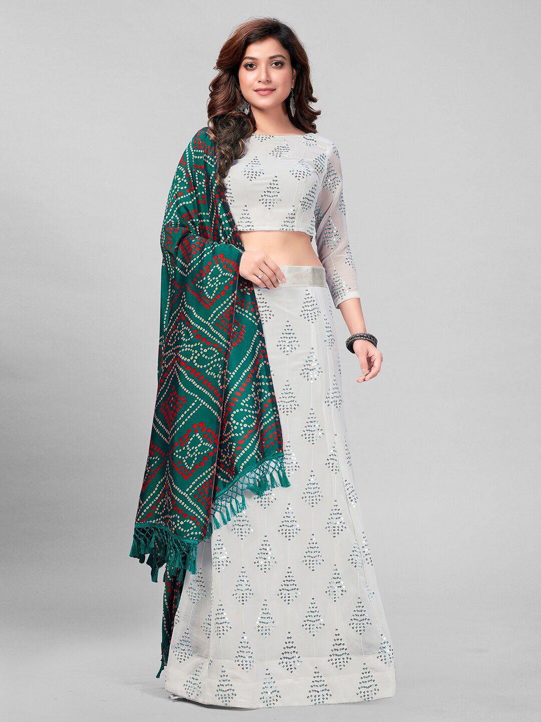Granthva Fab White & Green Embroidered Sequinned Semi-Stitched Lehenga & Unstitched Blouse With Dupatta Price in India