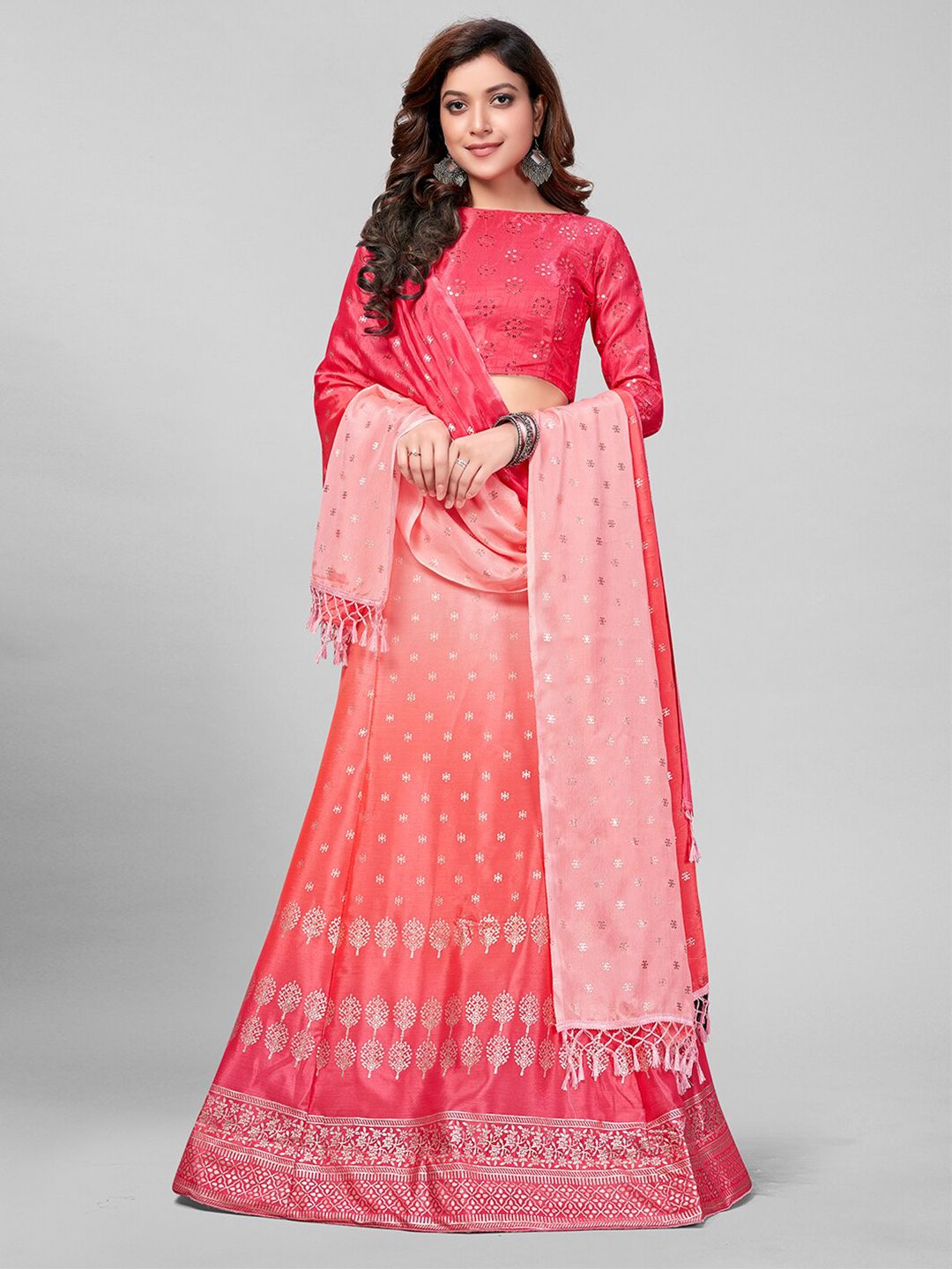 Granthva Fab Pink & Coral Printed Semi-Stitched Lehenga & Unstitched Blouse With Dupatta Price in India